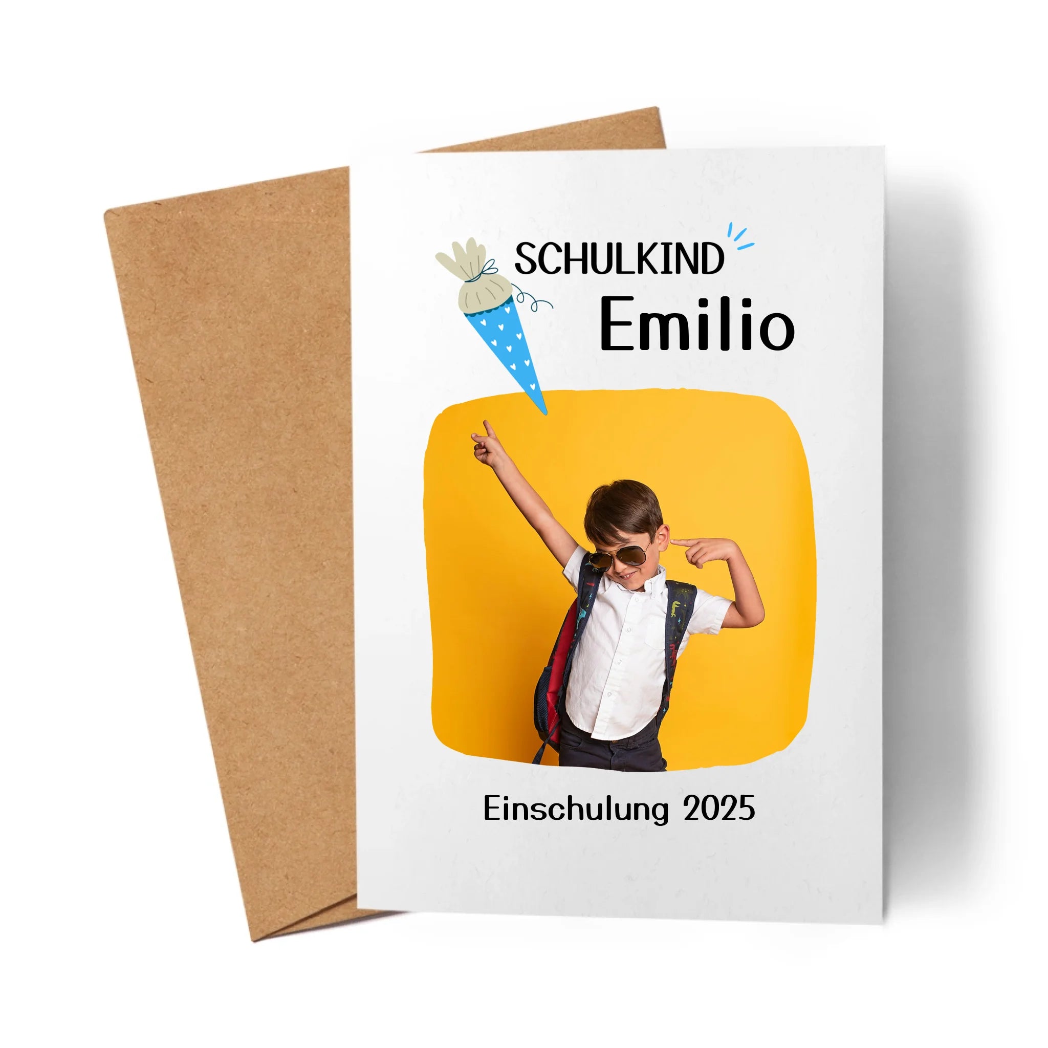 Karte Schulkind 2025 Junge Mädchen, Einschulung Schulanfang personalisierte Grußkarte mit Name und Foto, Einschulungskarte zum ersten Schultag für Erstklässler