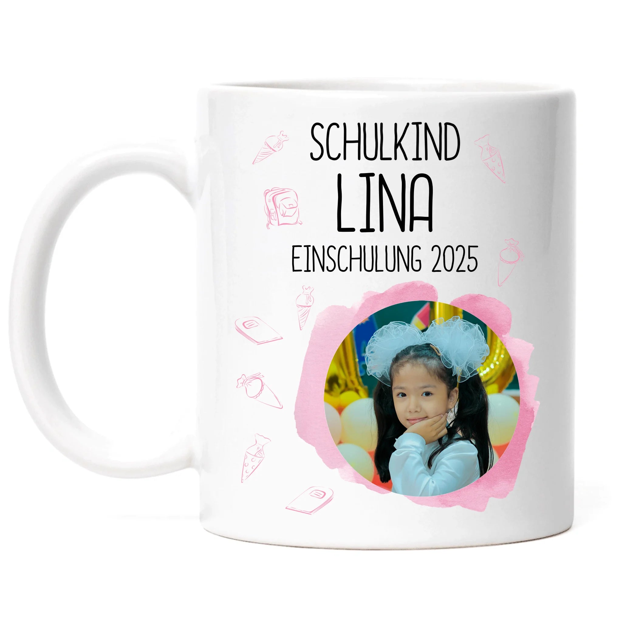 Foto Tasse Schulkind 2025 Mädchen, Schulanfang Einschulung Fototasse Personalisiert mit Bild & Name, Einschulungsgeschenk 1. Schultag für Erstklässler