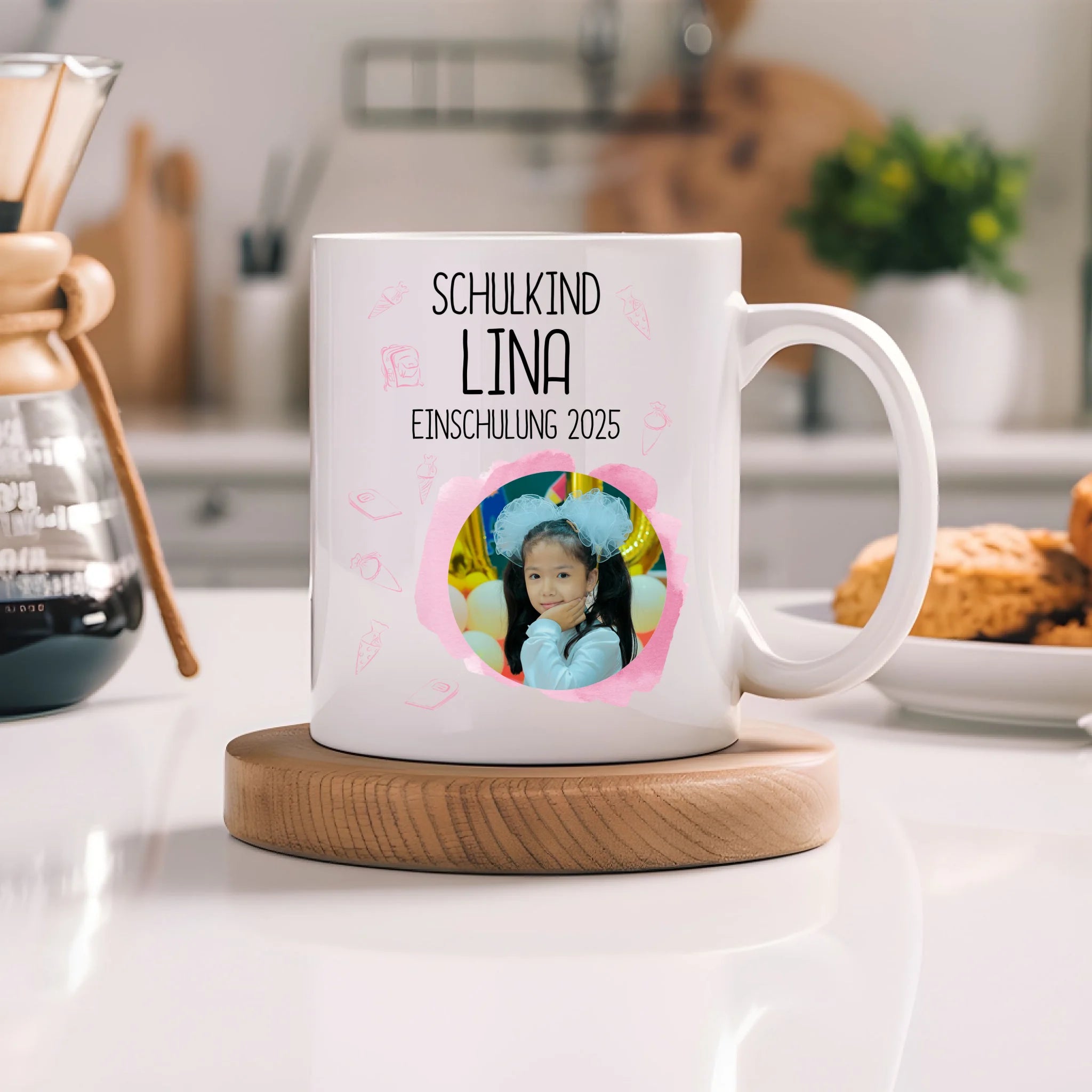 Foto Tasse Schulkind 2025 Mädchen, Schulanfang Einschulung Fototasse Personalisiert mit Bild & Name, Einschulungsgeschenk 1. Schultag für Erstklässler