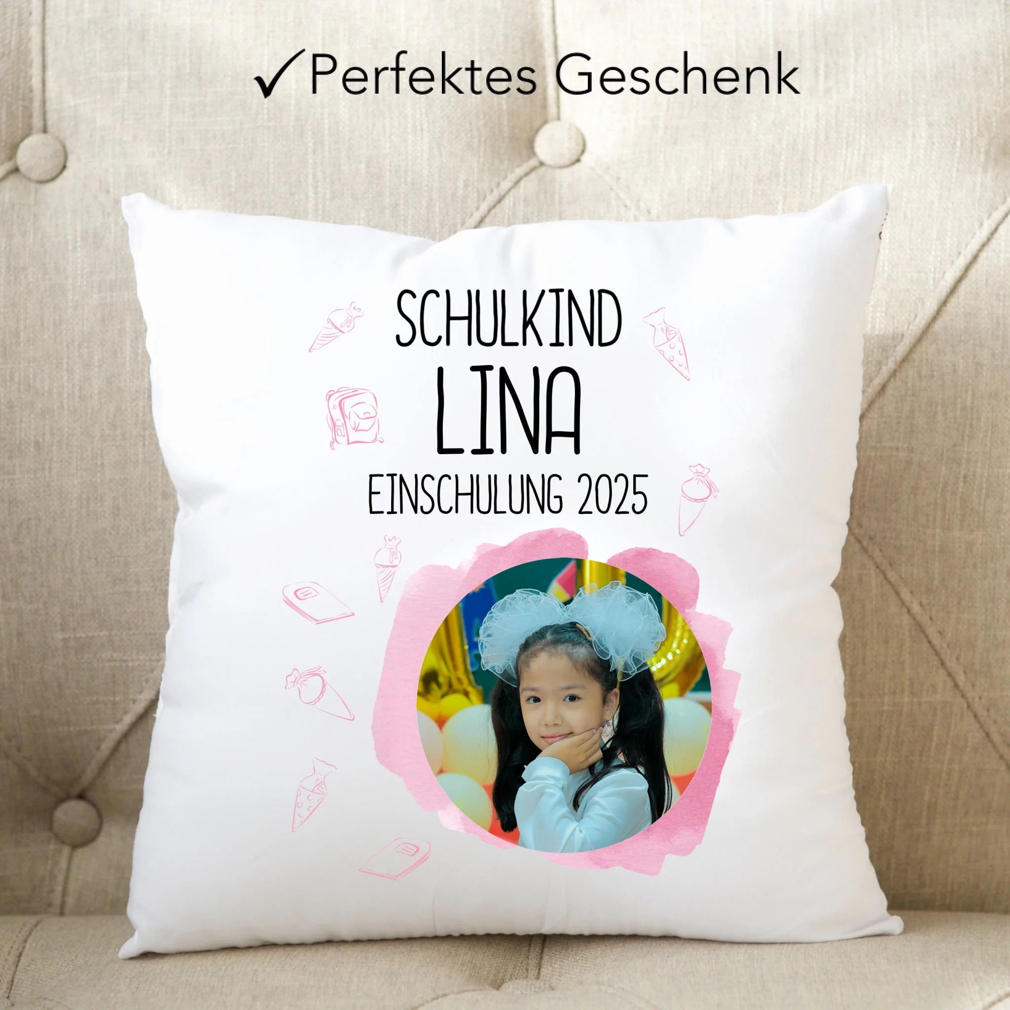 Kissen Schulkind 2025 Mädchen, Junge, Einschulung Schulanfang Geschenk personalisiert mit Name und Foto, Einschulungsgeschenk zum 1. Schultag für Erstklässler - Kissen inkl. Füllung