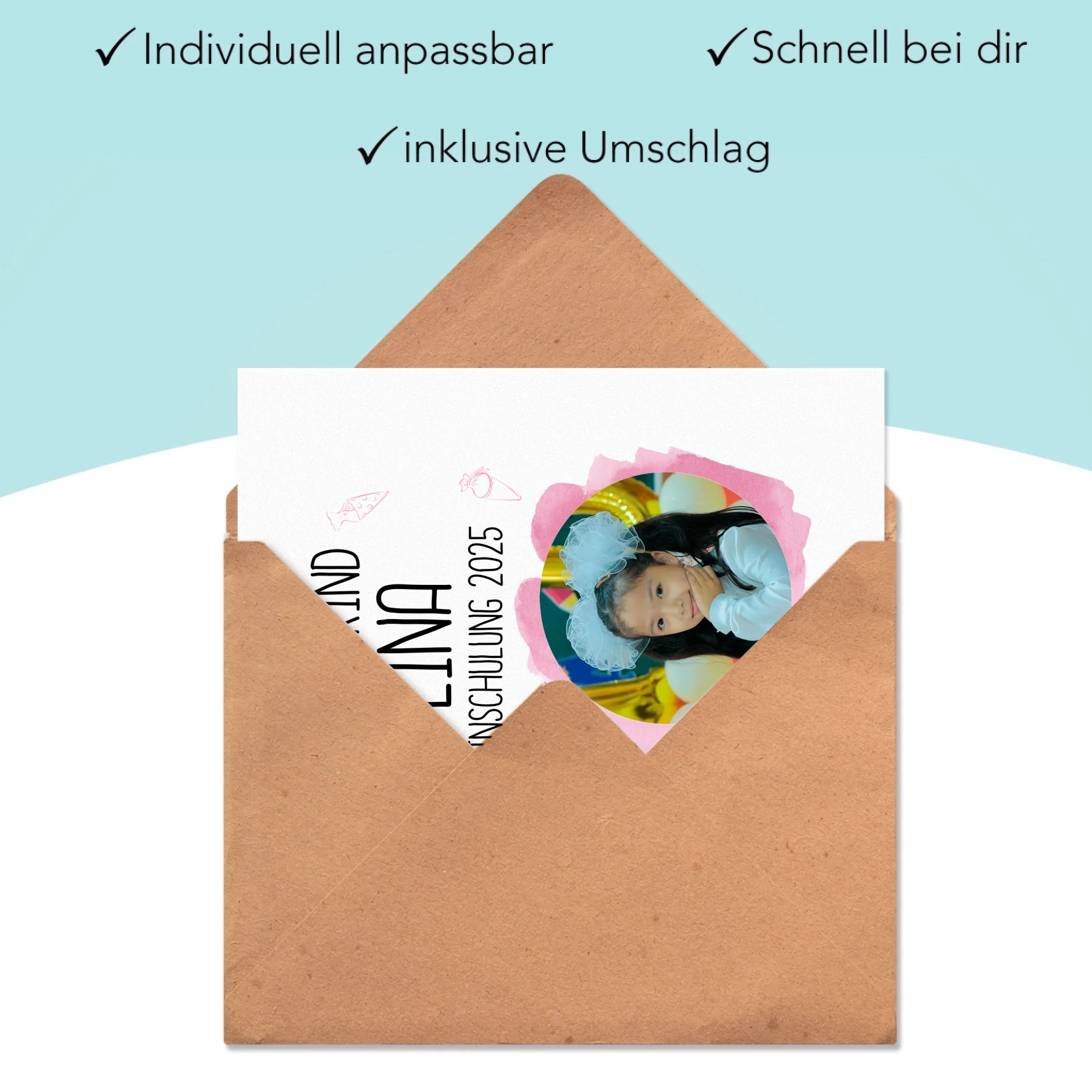 Karte Schulkind 2025 Mädchen Junge, Einschulung Schulanfang personalisierte Grußkarte mit Name und Foto, Einschulungskarte zum 1. Schultag für Erstklässler