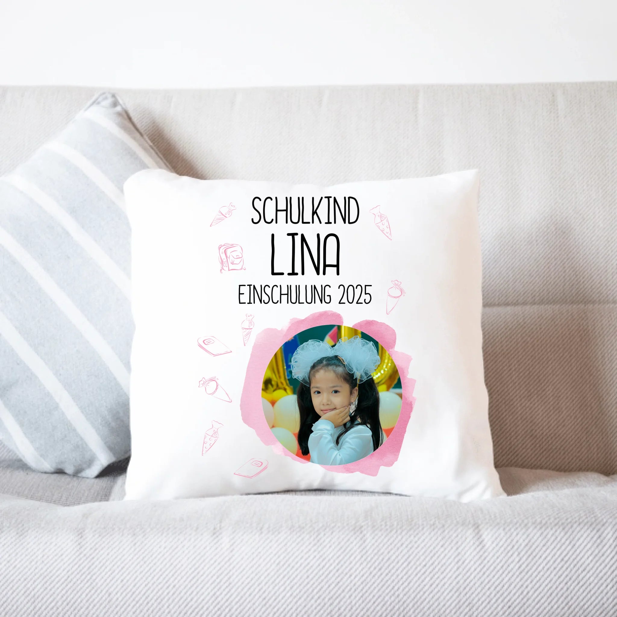 Kissen Schulkind 2025 Mädchen, Junge, Einschulung Schulanfang Geschenk personalisiert mit Name und Foto, Einschulungsgeschenk zum 1. Schultag für Erstklässler - Kissen inkl. Füllung