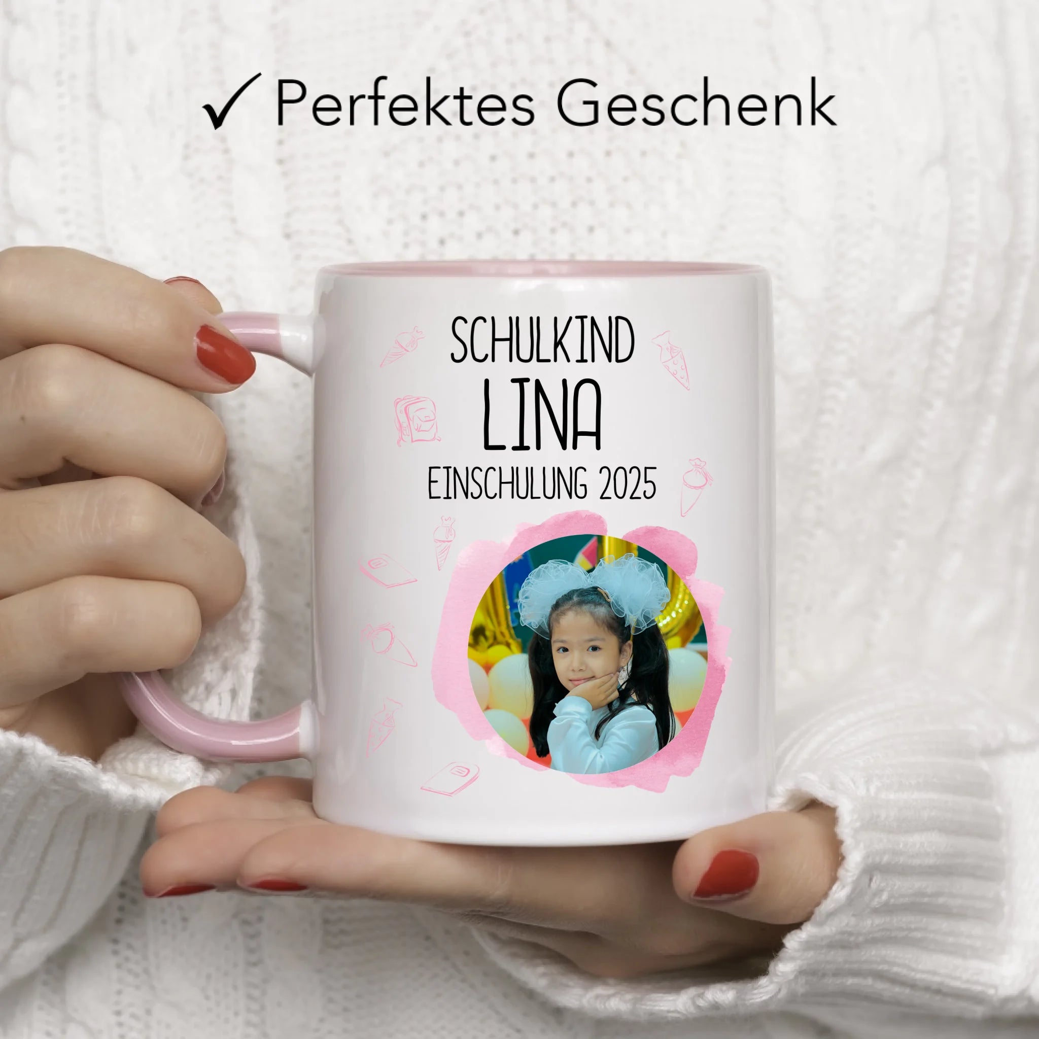 Foto Tasse Schulkind 2025 Mädchen, Schulanfang Einschulung Fototasse Personalisiert mit Bild & Name, Einschulungsgeschenk 1. Schultag für Erstklässler