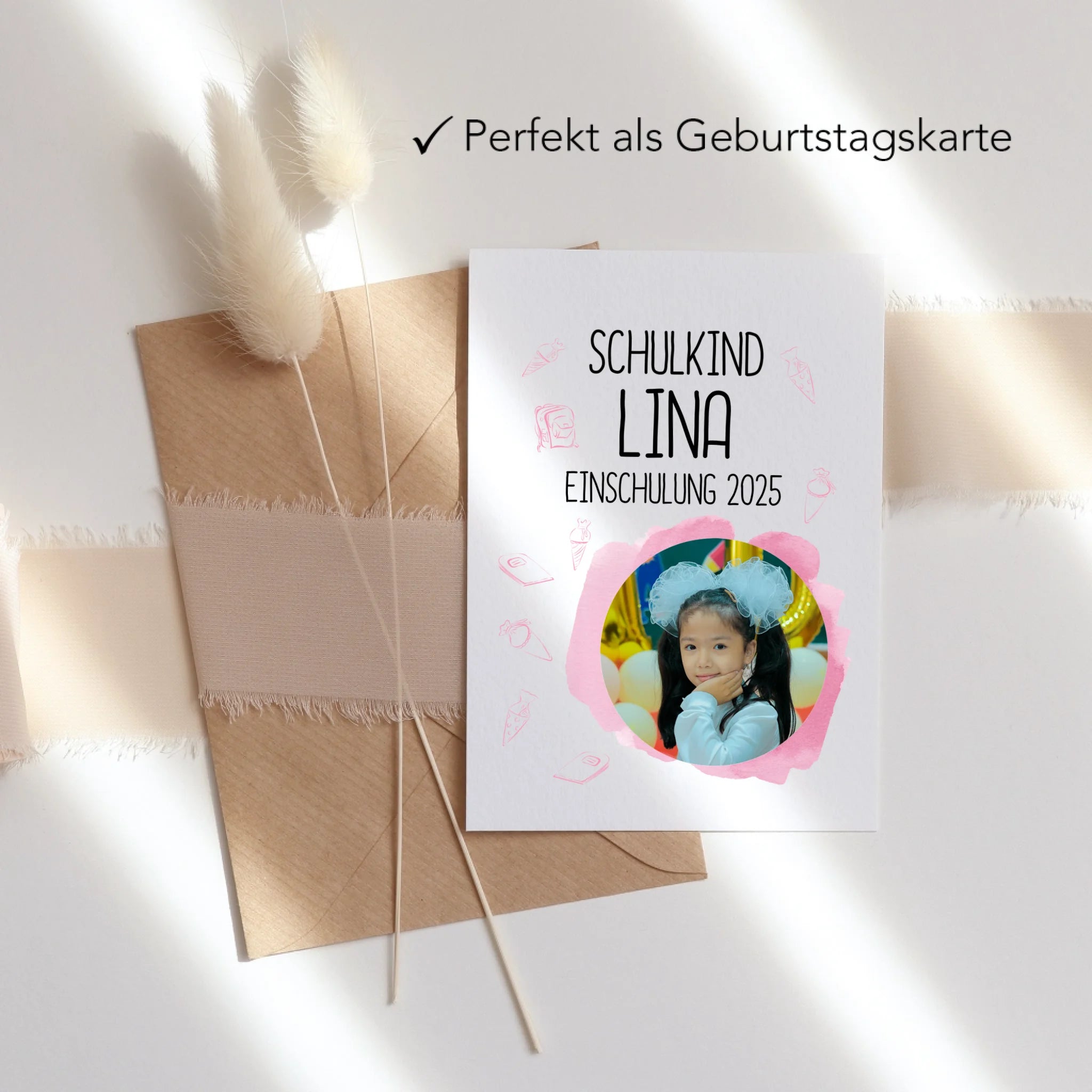 Karte Schulkind 2025 Mädchen Junge, Einschulung Schulanfang personalisierte Grußkarte mit Name und Foto, Einschulungskarte zum 1. Schultag für Erstklässler