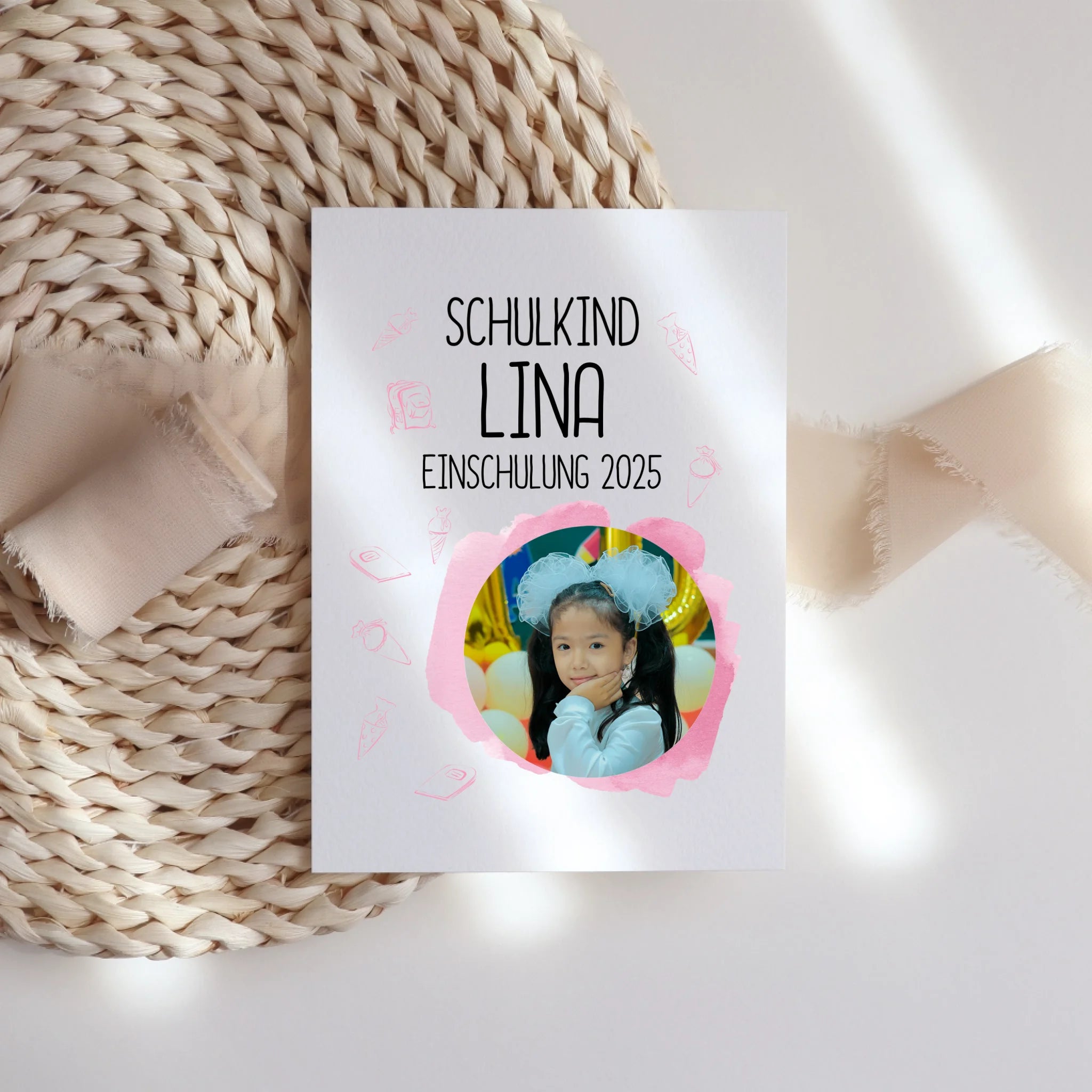 Karte Schulkind 2025 Mädchen Junge, Einschulung Schulanfang personalisierte Grußkarte mit Name und Foto, Einschulungskarte zum 1. Schultag für Erstklässler