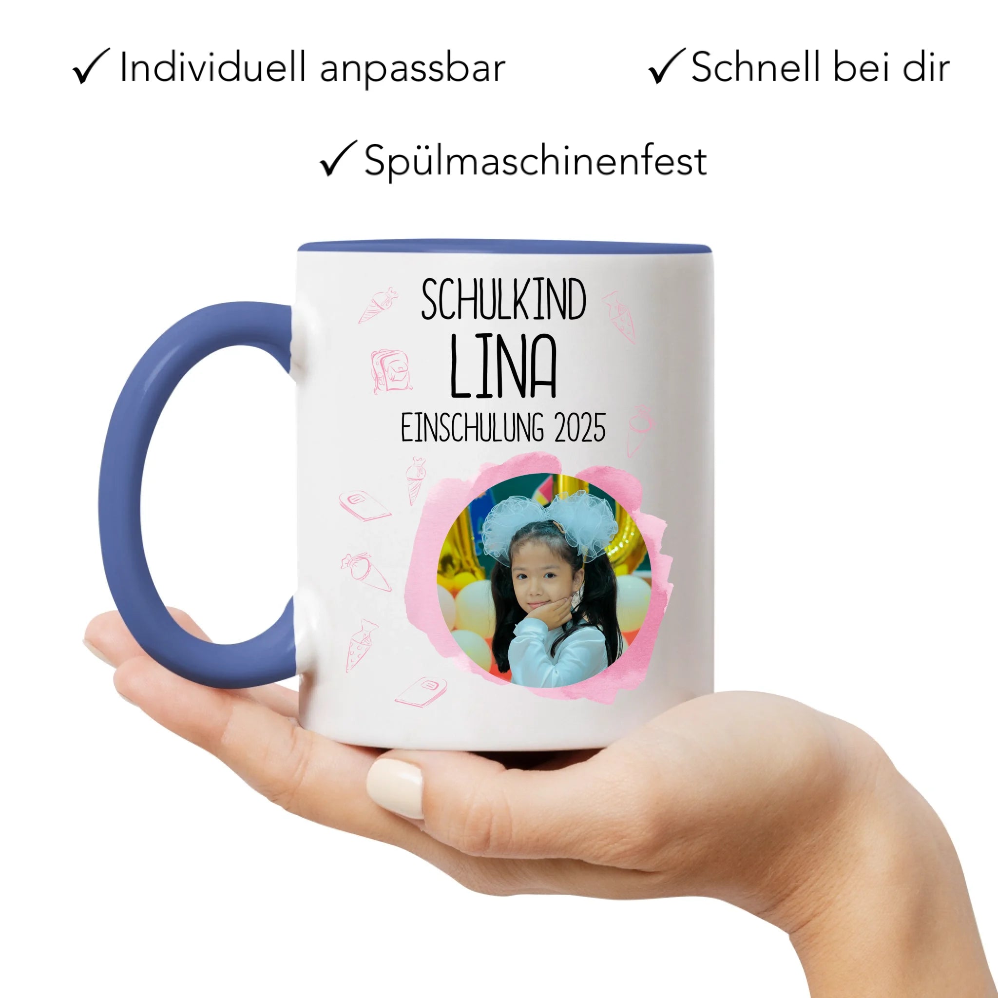 Foto Tasse Schulkind 2025 Mädchen, Schulanfang Einschulung Fototasse Personalisiert mit Bild & Name, Einschulungsgeschenk 1. Schultag für Erstklässler