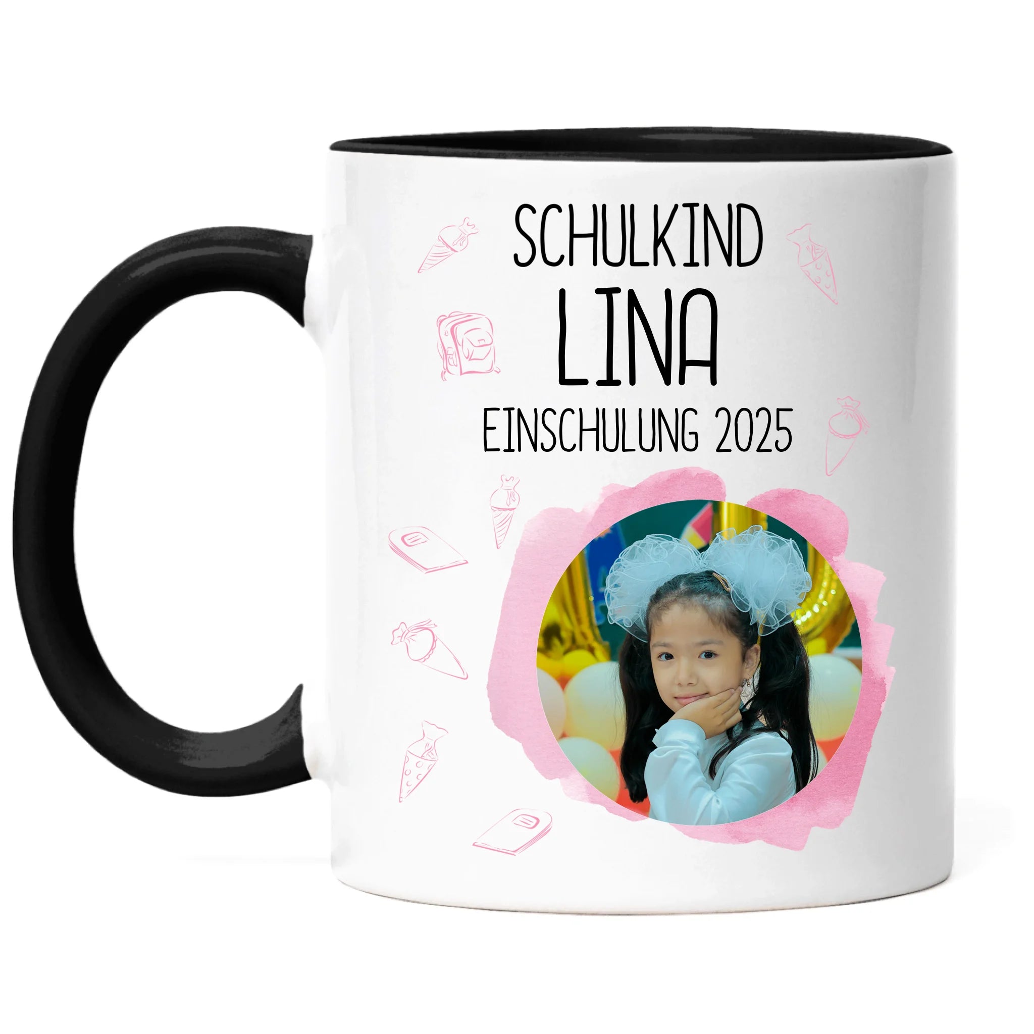 Foto Tasse Schulkind 2025 Mädchen, Schulanfang Einschulung Fototasse Personalisiert mit Bild & Name, Einschulungsgeschenk 1. Schultag für Erstklässler