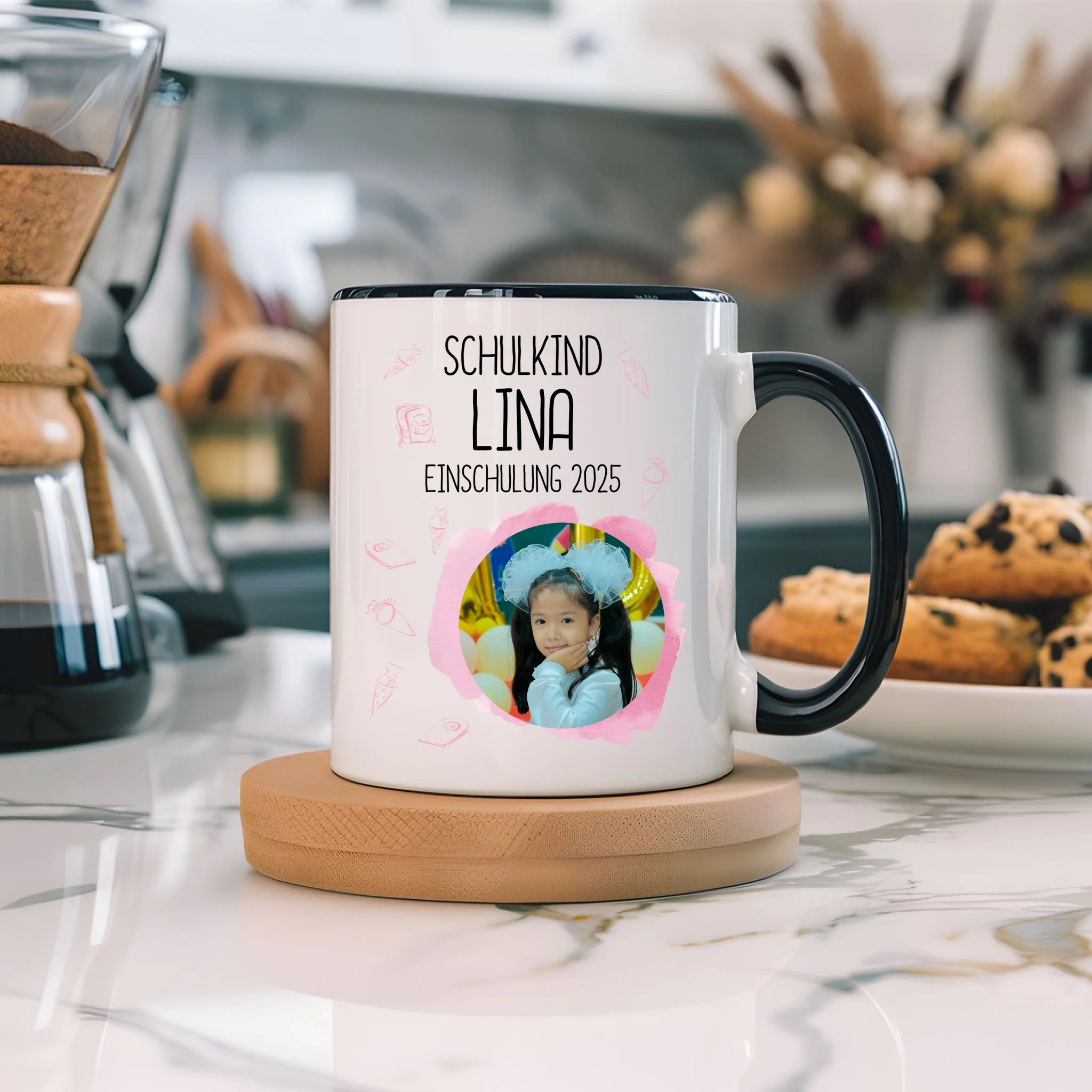 Foto Tasse Schulkind 2025 Mädchen, Schulanfang Einschulung Fototasse Personalisiert mit Bild & Name, Einschulungsgeschenk 1. Schultag für Erstklässler