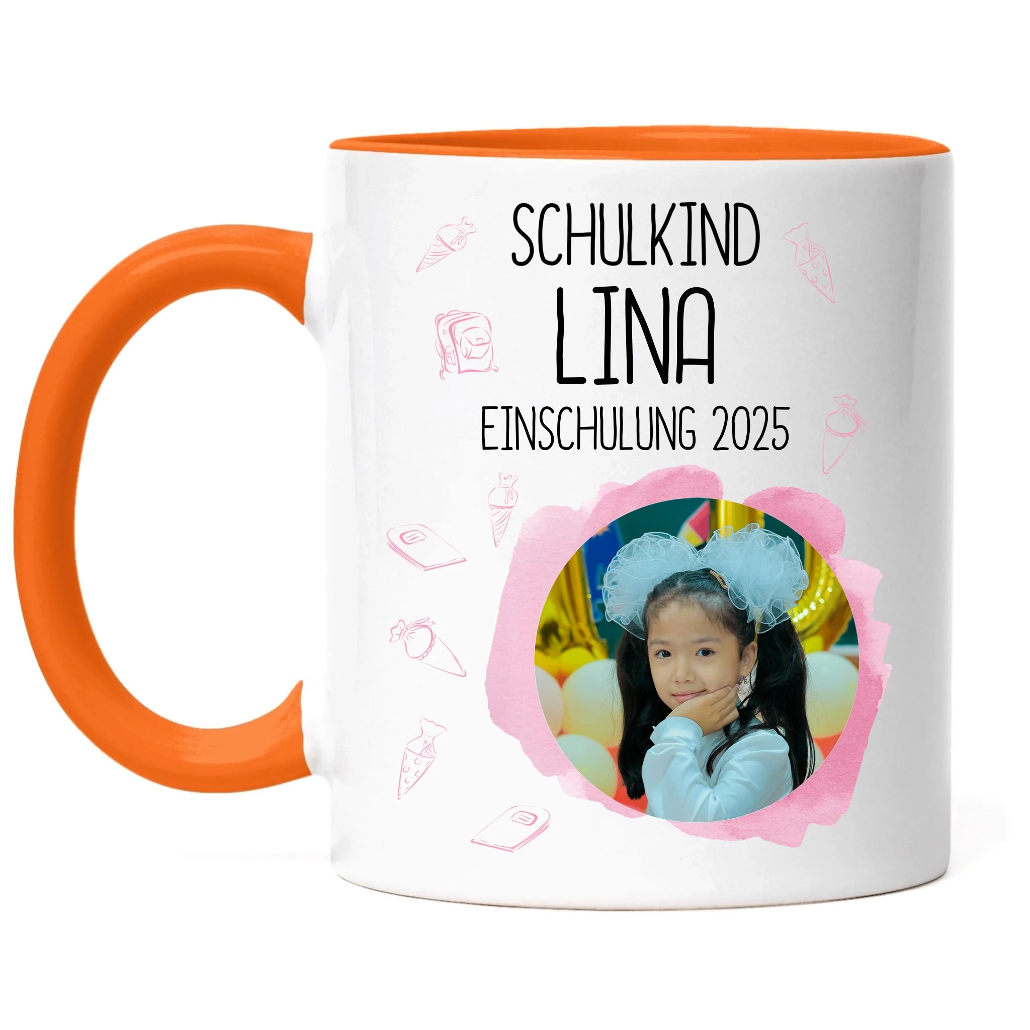 Foto Tasse Schulkind 2025 Mädchen, Schulanfang Einschulung Fototasse Personalisiert mit Bild & Name, Einschulungsgeschenk 1. Schultag für Erstklässler