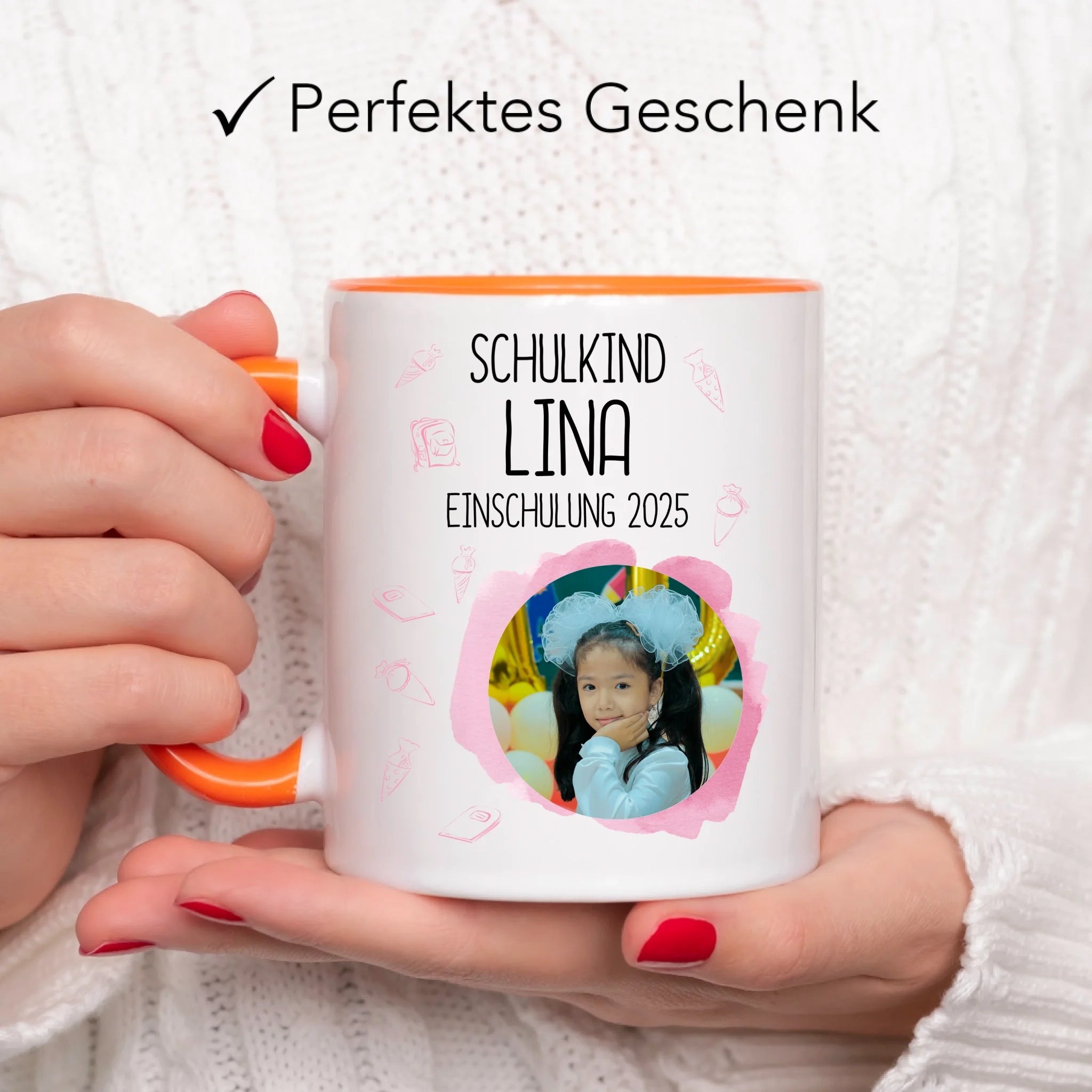 Foto Tasse Schulkind 2025 Mädchen, Schulanfang Einschulung Fototasse Personalisiert mit Bild & Name, Einschulungsgeschenk 1. Schultag für Erstklässler