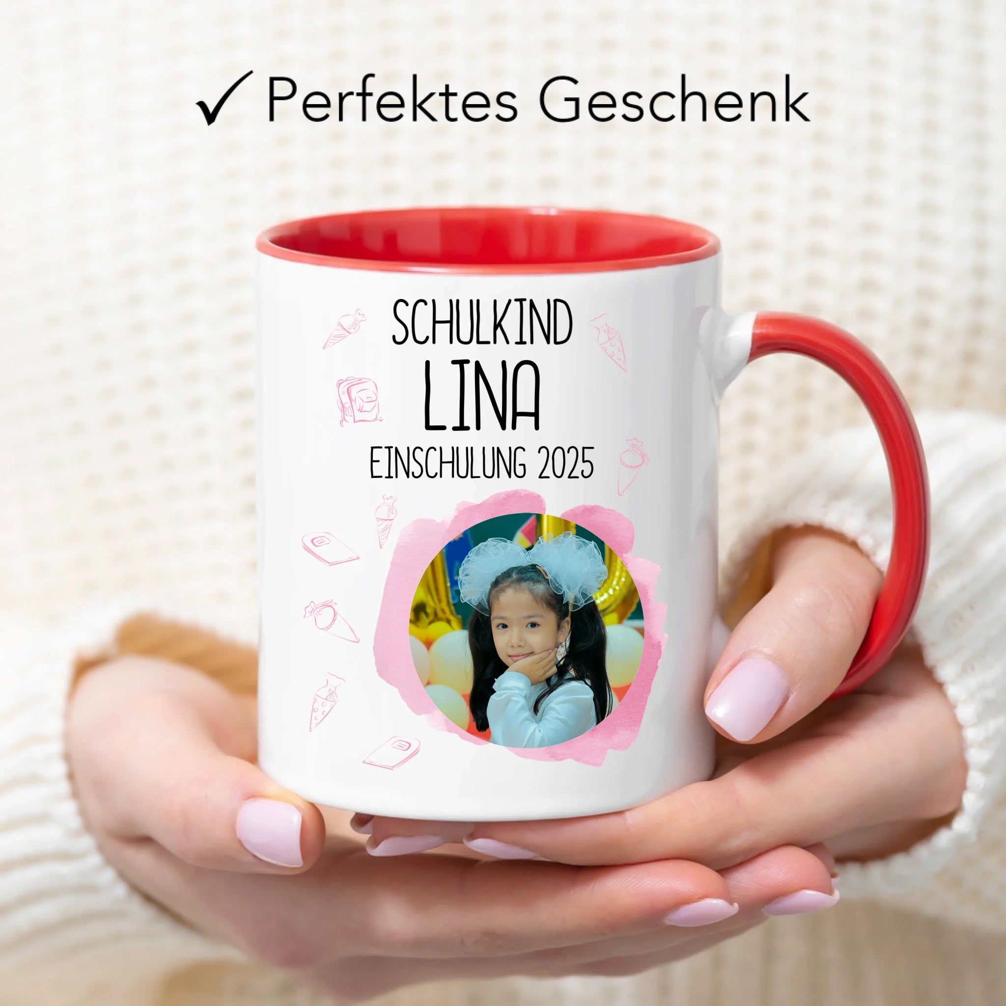 Foto Tasse Schulkind 2025 Mädchen, Schulanfang Einschulung Fototasse Personalisiert mit Bild & Name, Einschulungsgeschenk 1. Schultag für Erstklässler