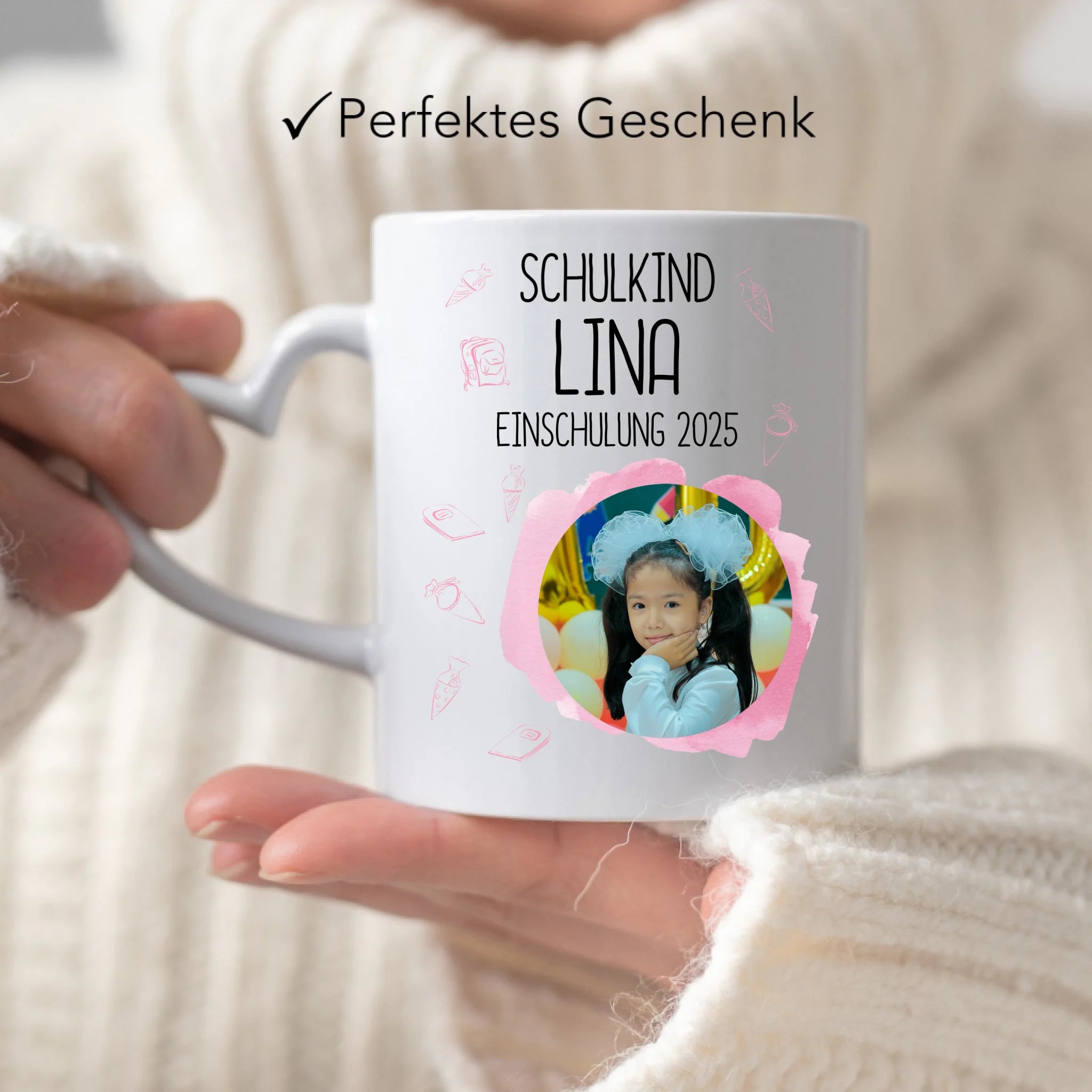 Foto Tasse Schulkind 2025 Mädchen, Schulanfang Einschulung Fototasse Personalisiert mit Bild & Name, Einschulungsgeschenk 1. Schultag für Erstklässler