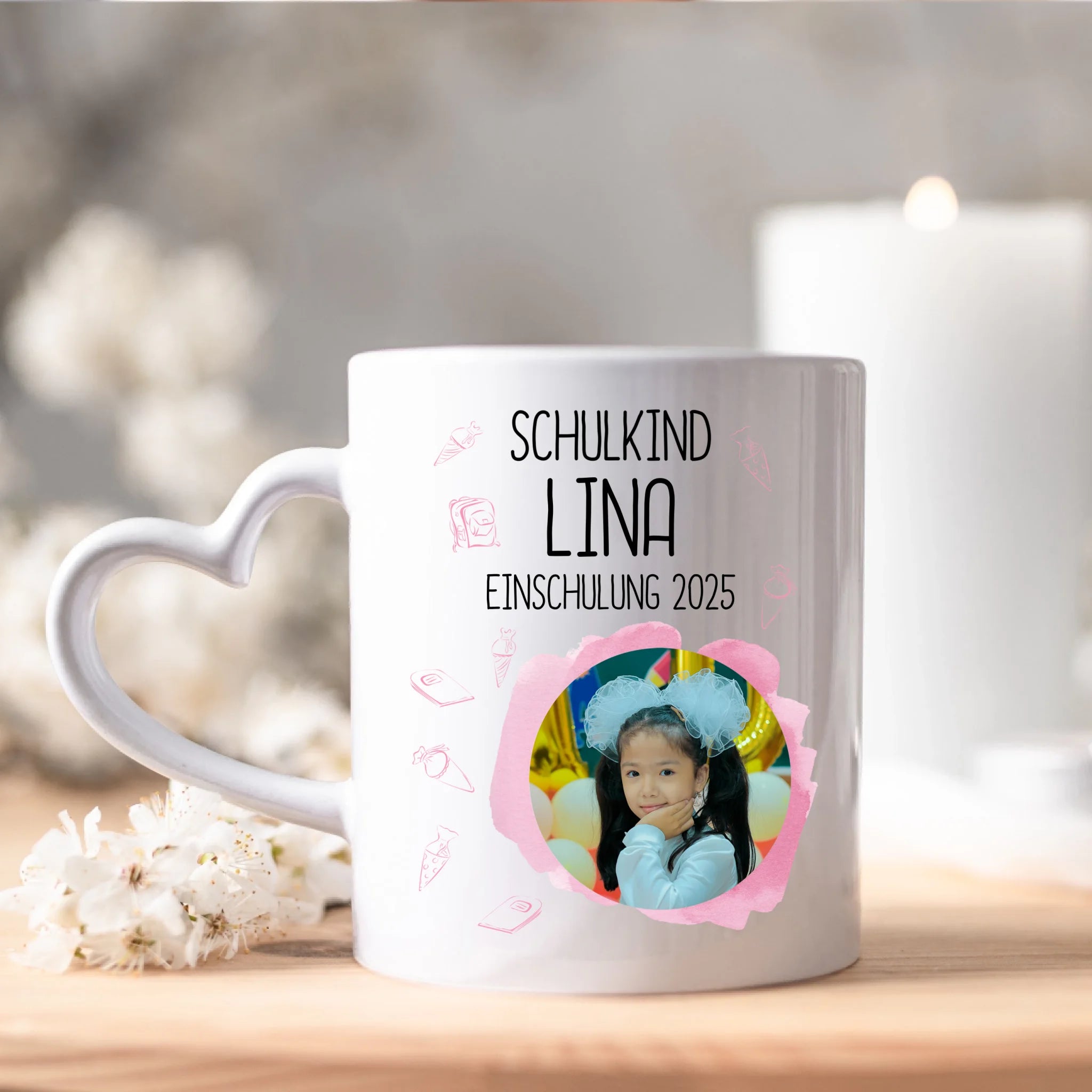 Foto Tasse Schulkind 2025 Mädchen, Schulanfang Einschulung Fototasse Personalisiert mit Bild & Name, Einschulungsgeschenk 1. Schultag für Erstklässler