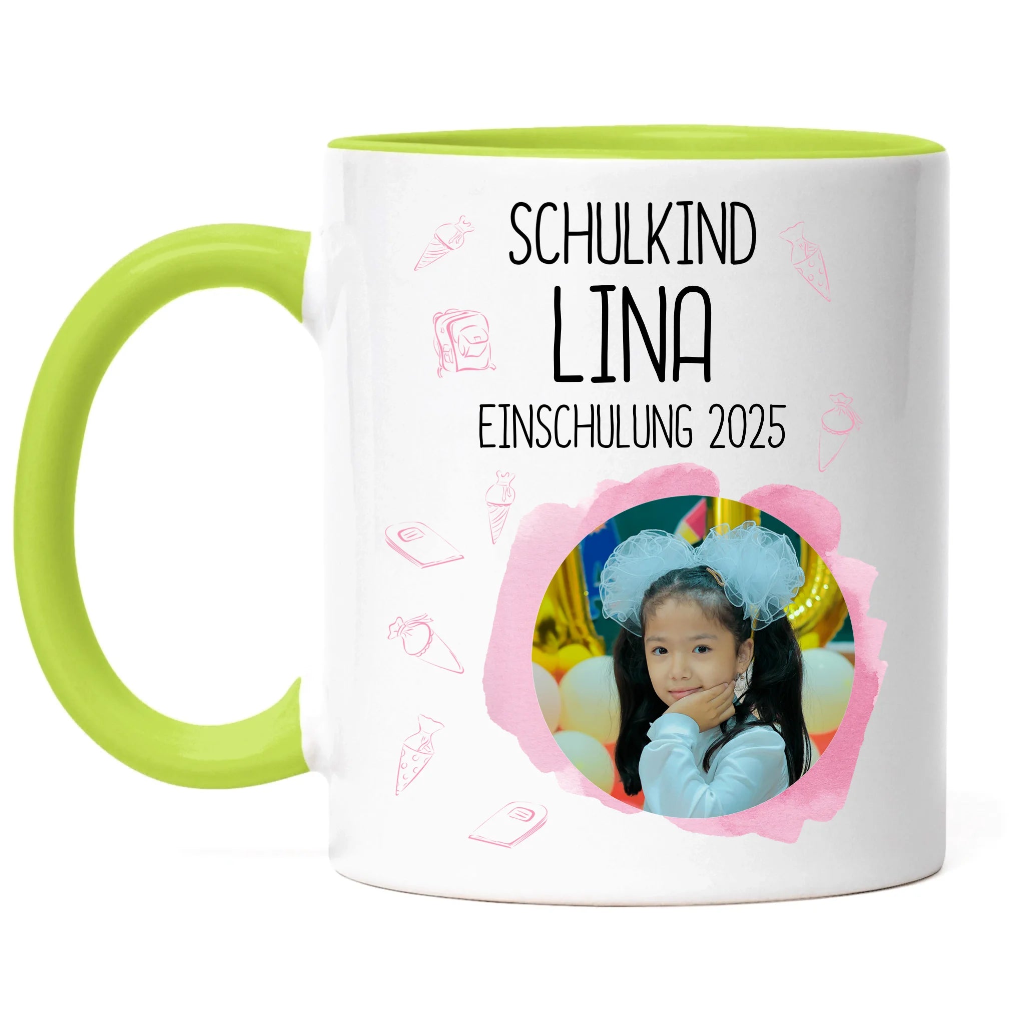 Foto Tasse Schulkind 2025 Mädchen, Schulanfang Einschulung Fototasse Personalisiert mit Bild & Name, Einschulungsgeschenk 1. Schultag für Erstklässler