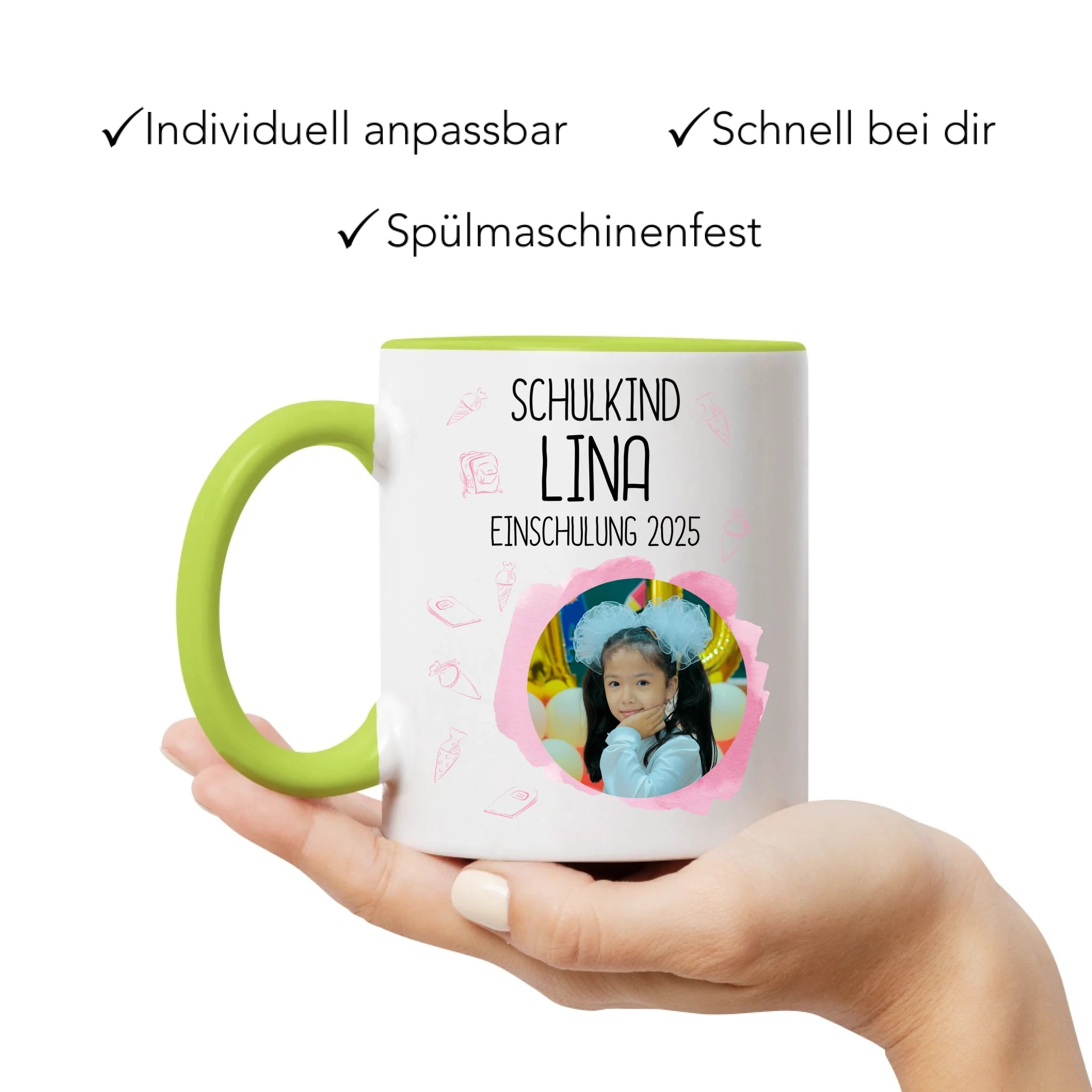 Foto Tasse Schulkind 2025 Mädchen, Schulanfang Einschulung Fototasse Personalisiert mit Bild & Name, Einschulungsgeschenk 1. Schultag für Erstklässler