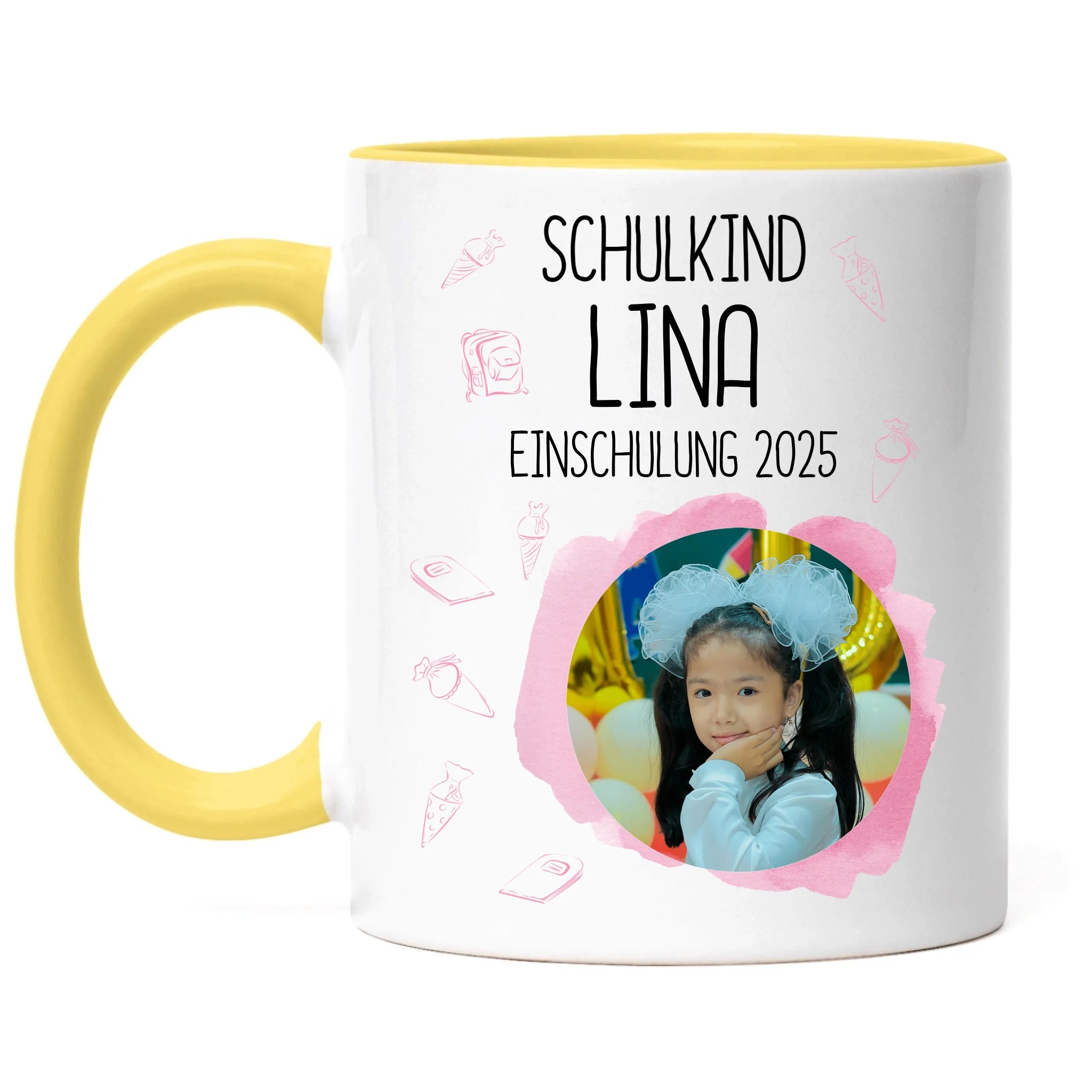 Foto Tasse Schulkind 2025 Mädchen, Schulanfang Einschulung Fototasse Personalisiert mit Bild & Name, Einschulungsgeschenk 1. Schultag für Erstklässler