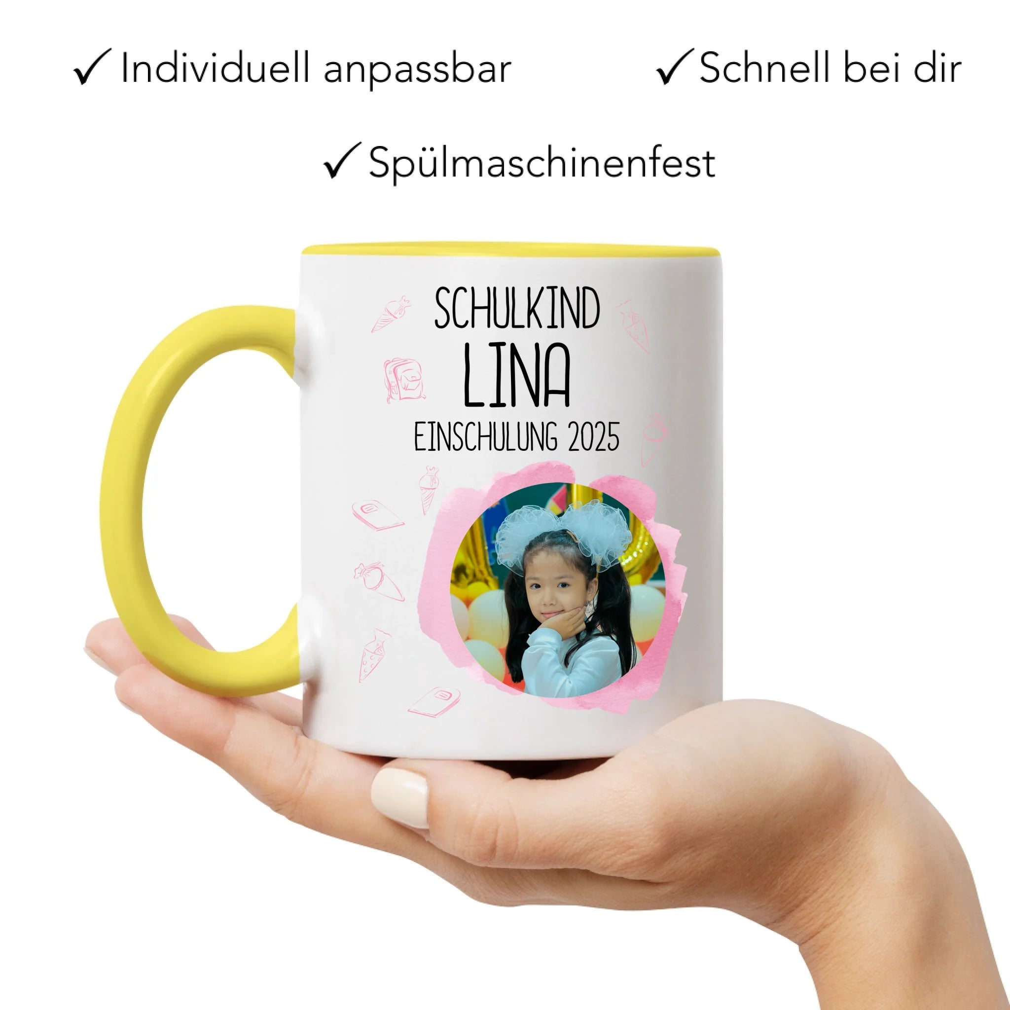 Foto Tasse Schulkind 2025 Mädchen, Schulanfang Einschulung Fototasse Personalisiert mit Bild & Name, Einschulungsgeschenk 1. Schultag für Erstklässler