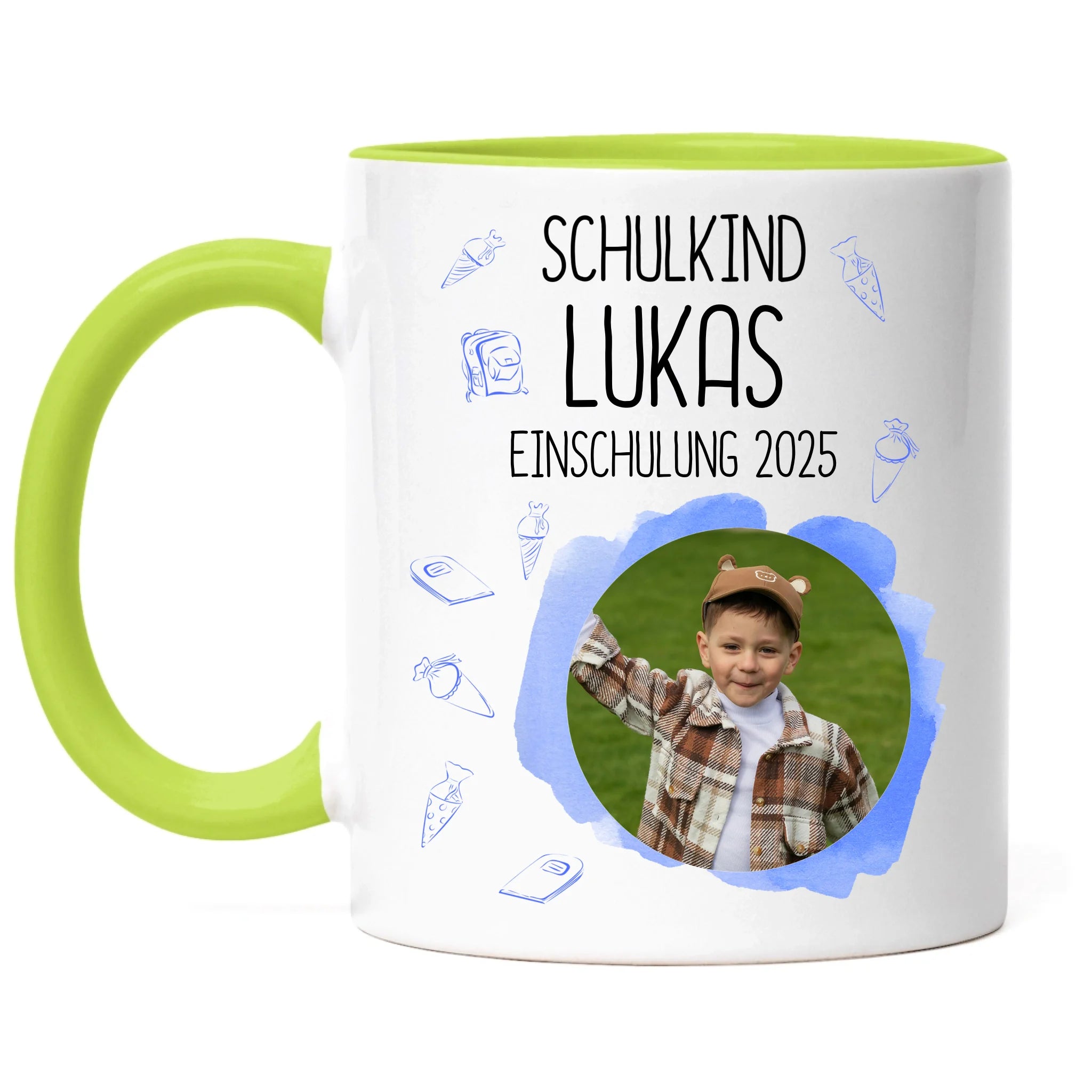 Foto Tasse Schulkind 2025 Junge, Schulanfang Einschulung Fototasse Personalisiert mit Bild & Name, Einschulungsgeschenk 1. Schultag für Erstklässler
