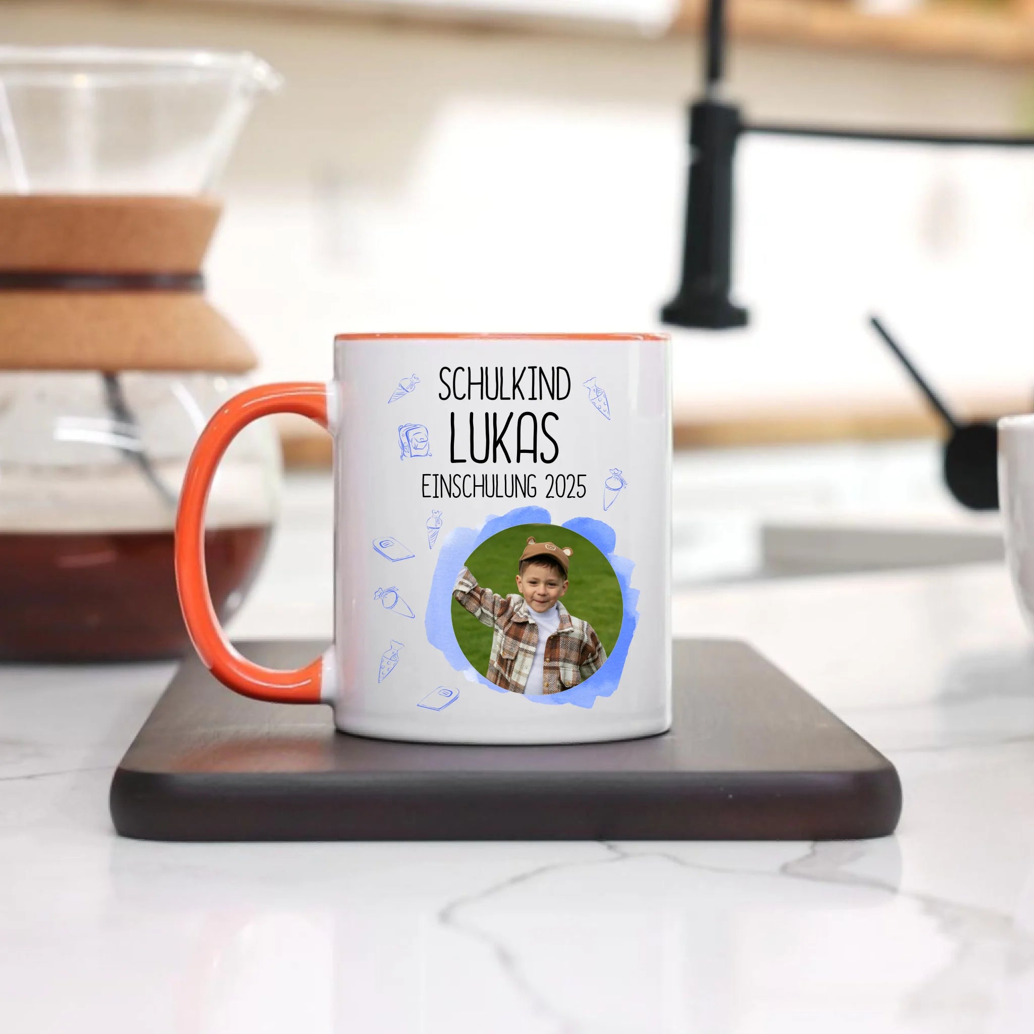 Foto Tasse Schulkind 2025 Junge, Schulanfang Einschulung Fototasse Personalisiert mit Bild & Name, Einschulungsgeschenk 1. Schultag für Erstklässler