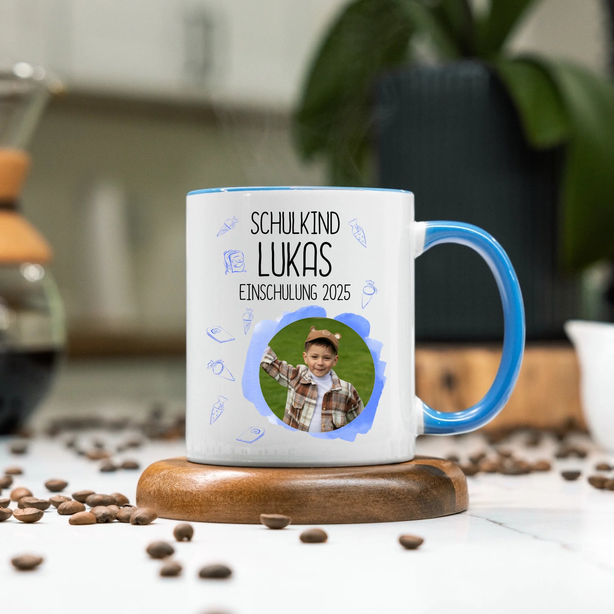 Foto Tasse Schulkind 2025 Junge, Schulanfang Einschulung Fototasse Personalisiert mit Bild & Name, Einschulungsgeschenk 1. Schultag für Erstklässler