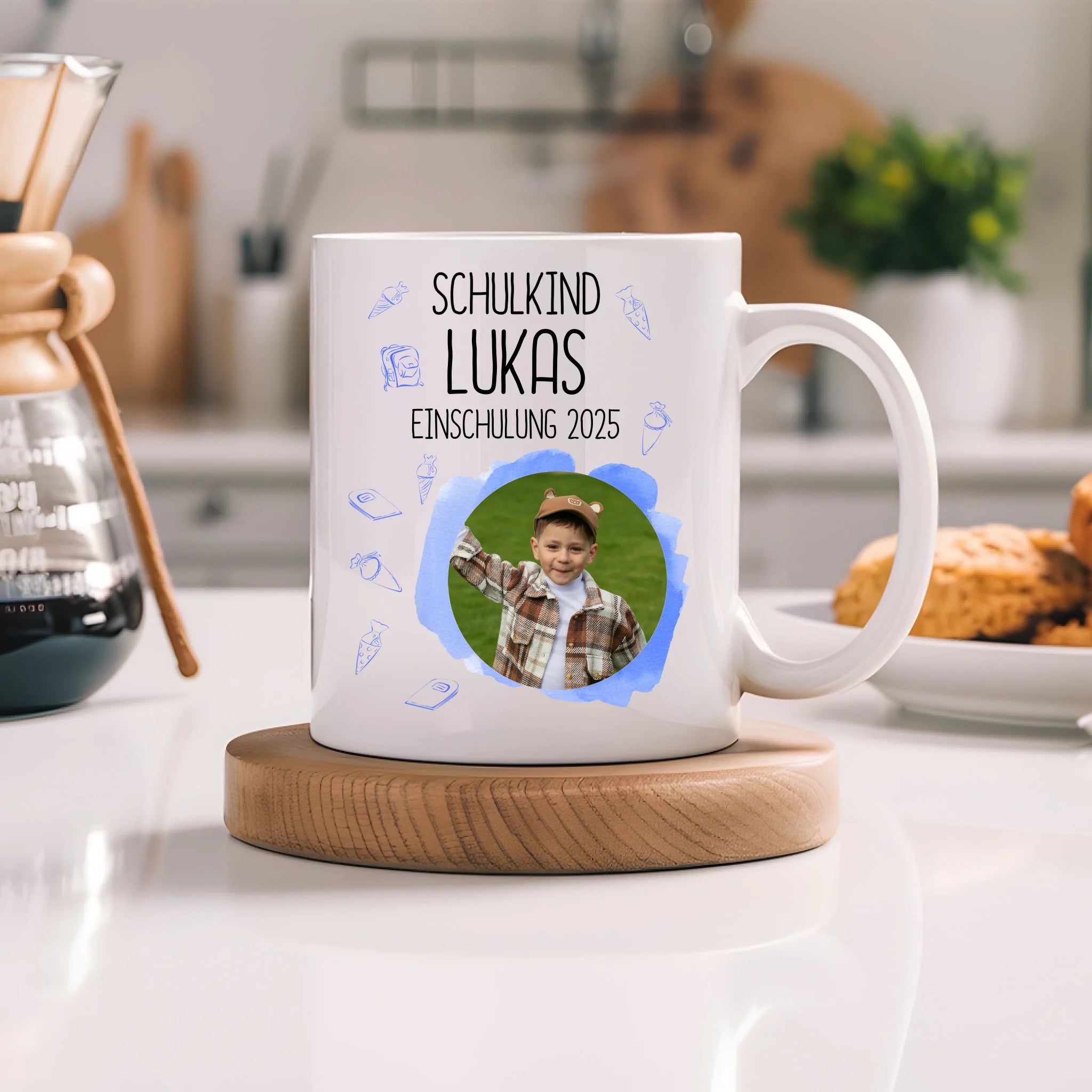 Foto Tasse Schulkind 2025 Junge, Schulanfang Einschulung Fototasse Personalisiert mit Bild & Name, Einschulungsgeschenk 1. Schultag für Erstklässler