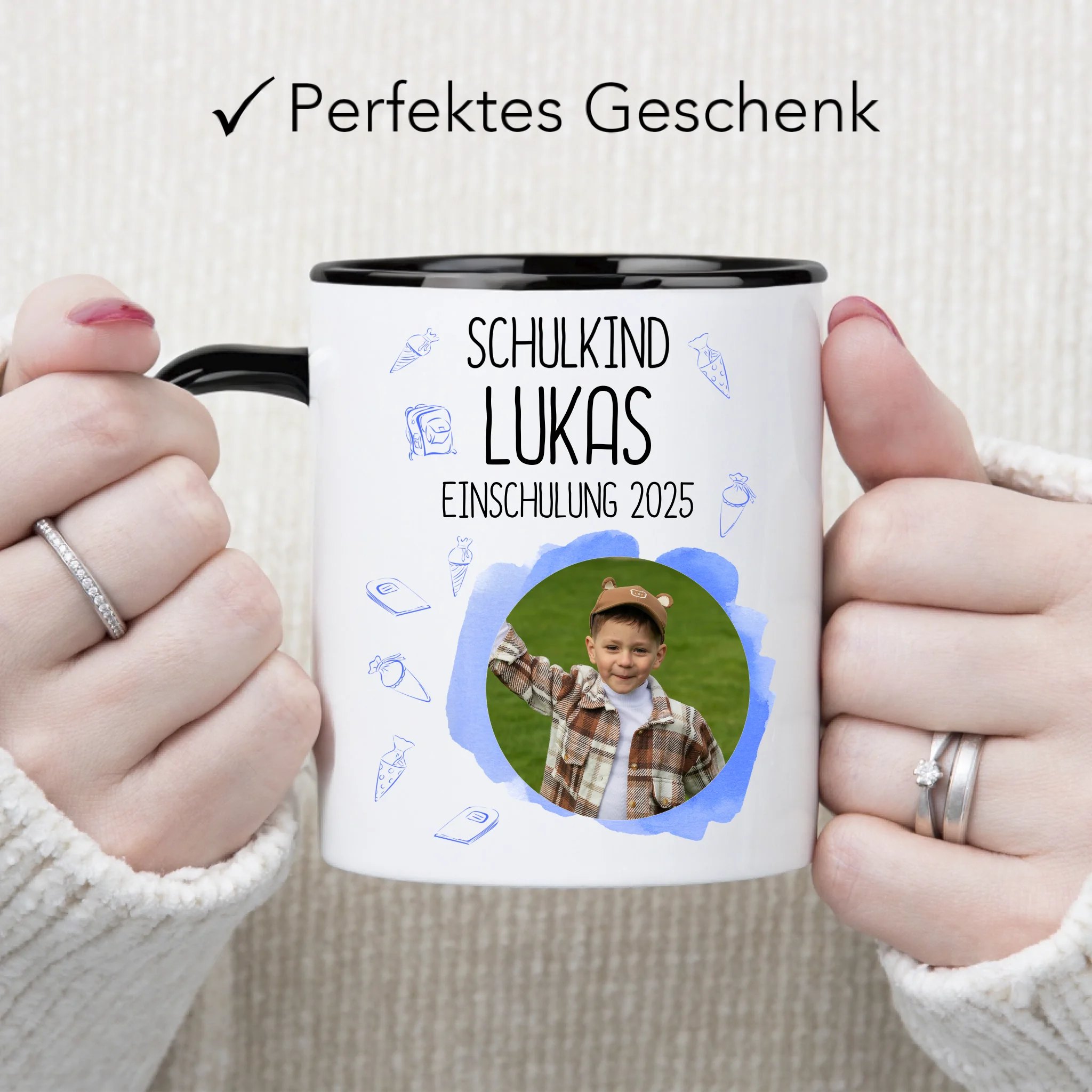 Foto Tasse Schulkind 2025 Junge, Schulanfang Einschulung Fototasse Personalisiert mit Bild & Name, Einschulungsgeschenk 1. Schultag für Erstklässler