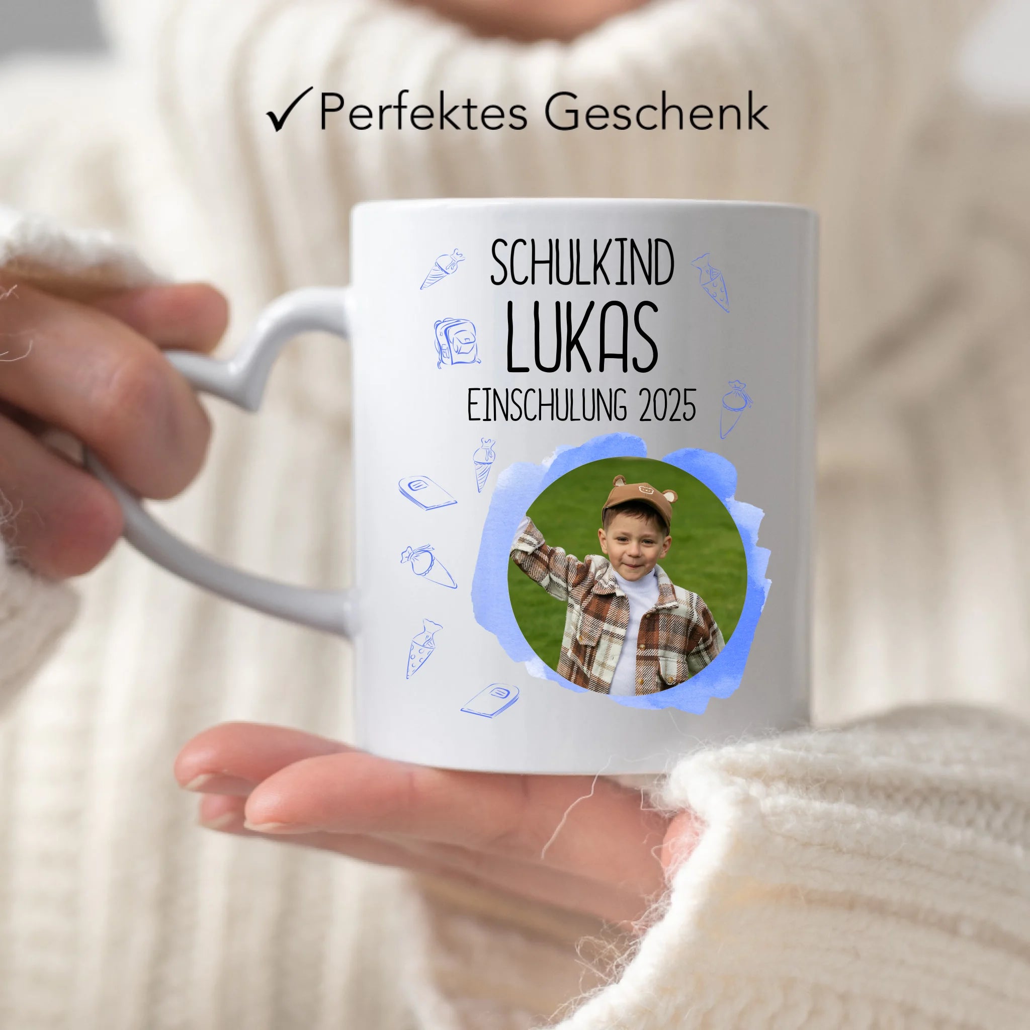 Foto Tasse Schulkind 2025 Junge, Schulanfang Einschulung Fototasse Personalisiert mit Bild & Name, Einschulungsgeschenk 1. Schultag für Erstklässler