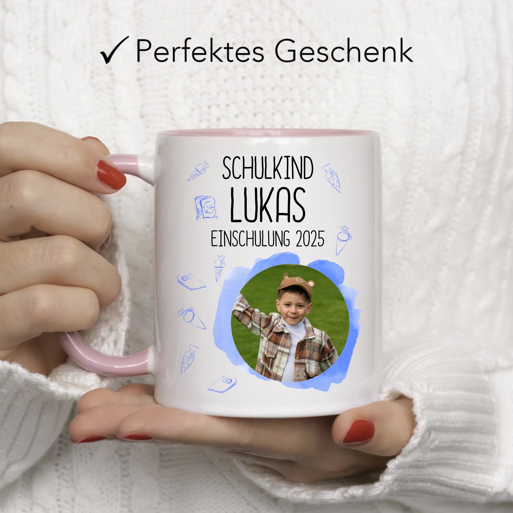 Foto Tasse Schulkind 2025 Junge, Schulanfang Einschulung Fototasse Personalisiert mit Bild & Name, Einschulungsgeschenk 1. Schultag für Erstklässler