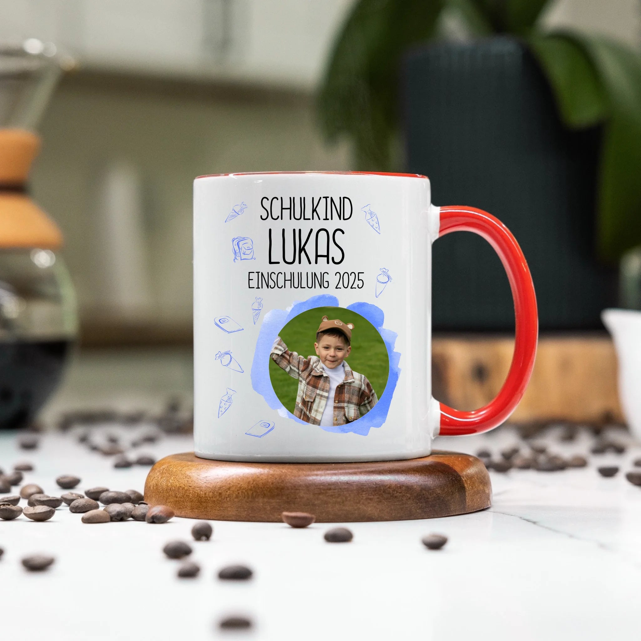 Foto Tasse Schulkind 2025 Junge, Schulanfang Einschulung Fototasse Personalisiert mit Bild & Name, Einschulungsgeschenk 1. Schultag für Erstklässler