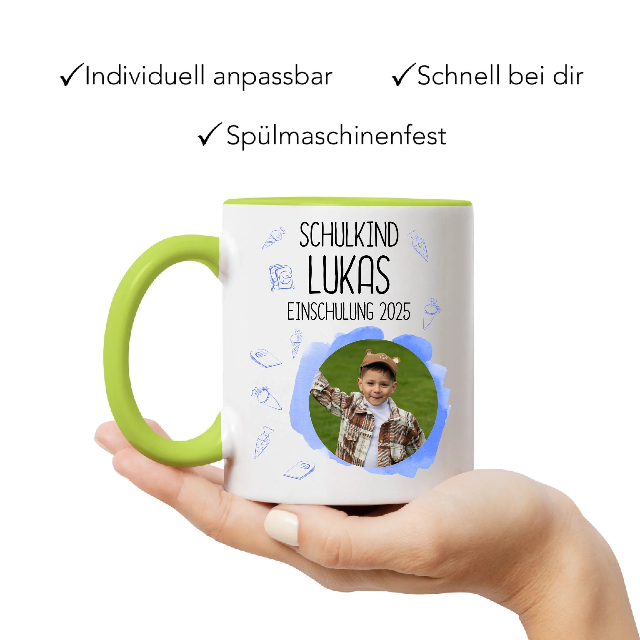 Foto Tasse Schulkind 2025 Junge, Schulanfang Einschulung Fototasse Personalisiert mit Bild & Name, Einschulungsgeschenk 1. Schultag für Erstklässler
