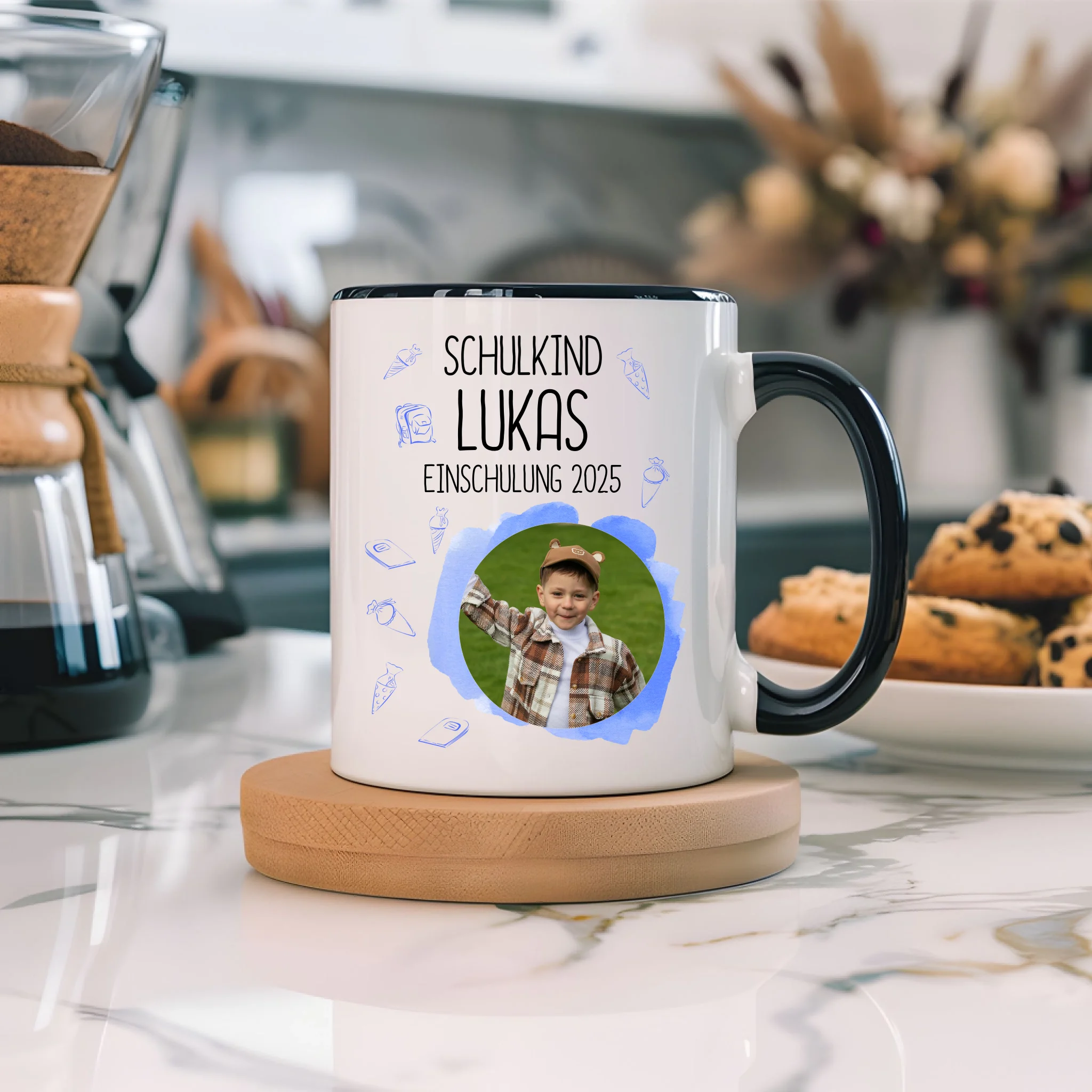 Foto Tasse Schulkind 2025 Junge, Schulanfang Einschulung Fototasse Personalisiert mit Bild & Name, Einschulungsgeschenk 1. Schultag für Erstklässler
