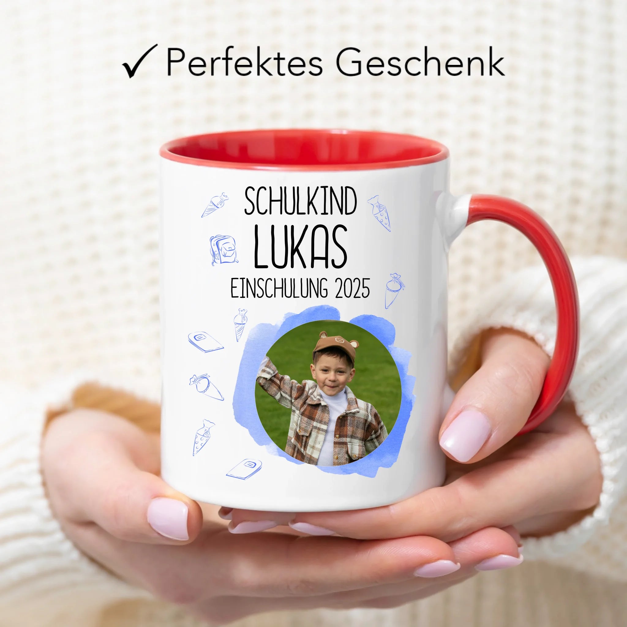 Foto Tasse Schulkind 2025 Junge, Schulanfang Einschulung Fototasse Personalisiert mit Bild & Name, Einschulungsgeschenk 1. Schultag für Erstklässler