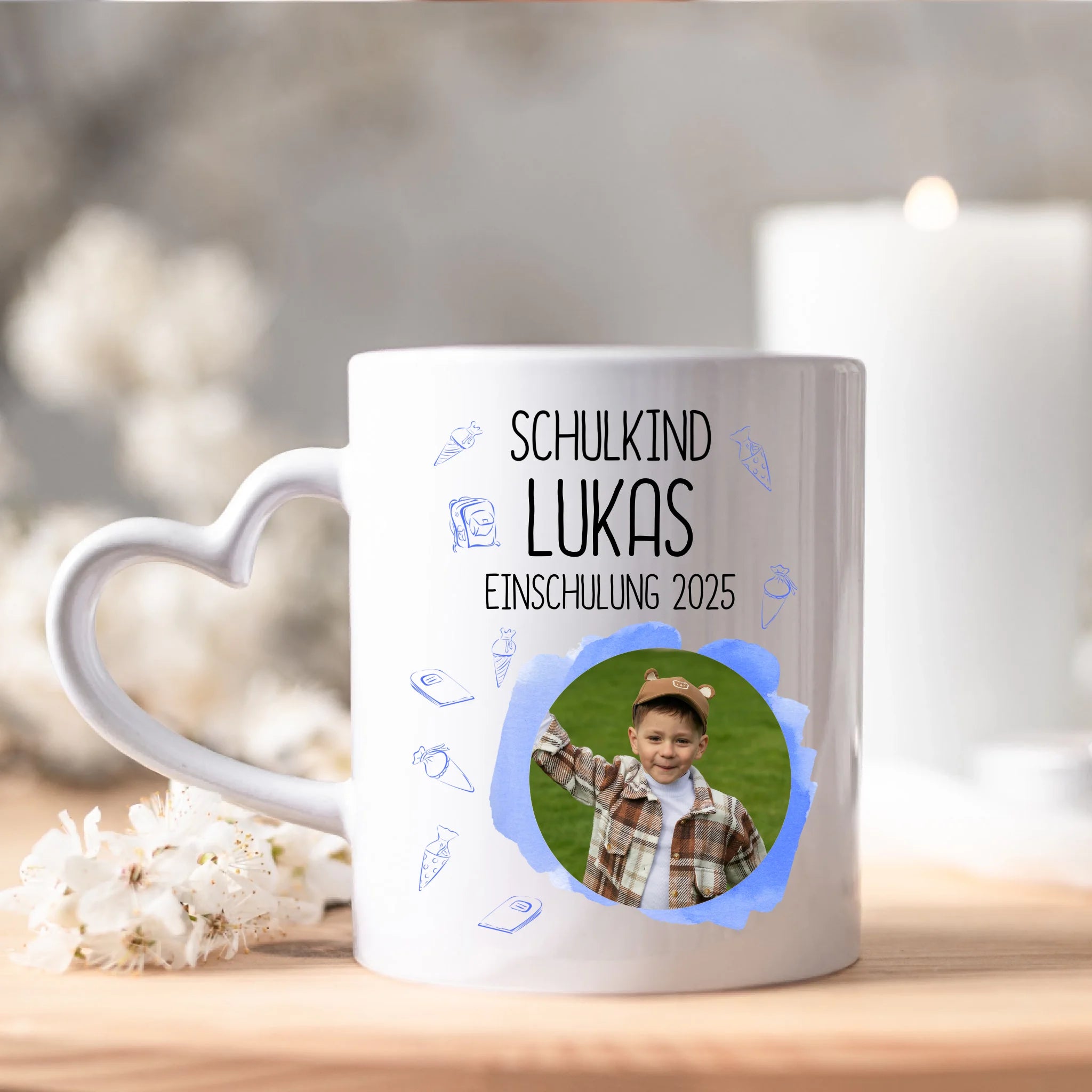 Foto Tasse Schulkind 2025 Junge, Schulanfang Einschulung Fototasse Personalisiert mit Bild & Name, Einschulungsgeschenk 1. Schultag für Erstklässler