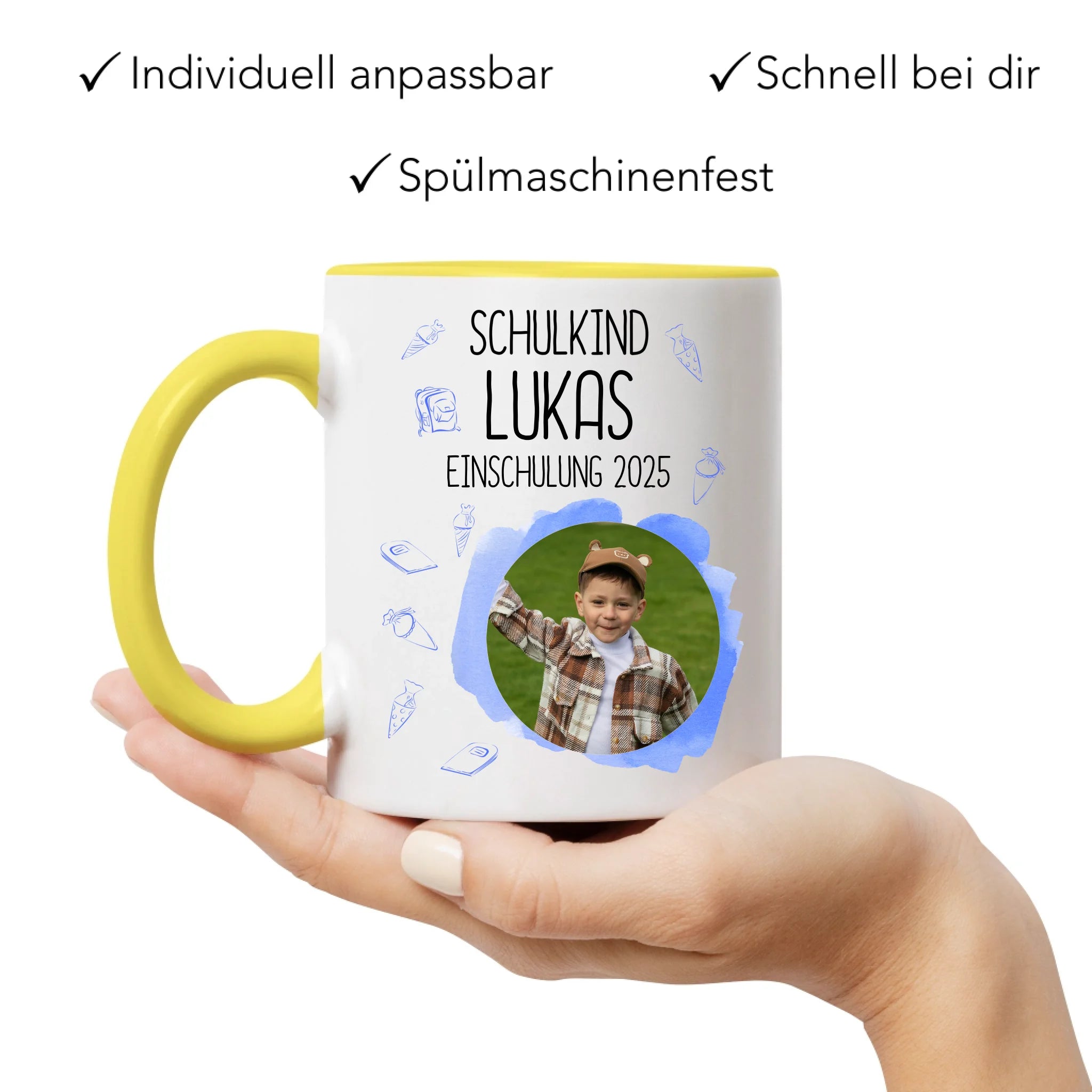 Foto Tasse Schulkind 2025 Junge, Schulanfang Einschulung Fototasse Personalisiert mit Bild & Name, Einschulungsgeschenk 1. Schultag für Erstklässler