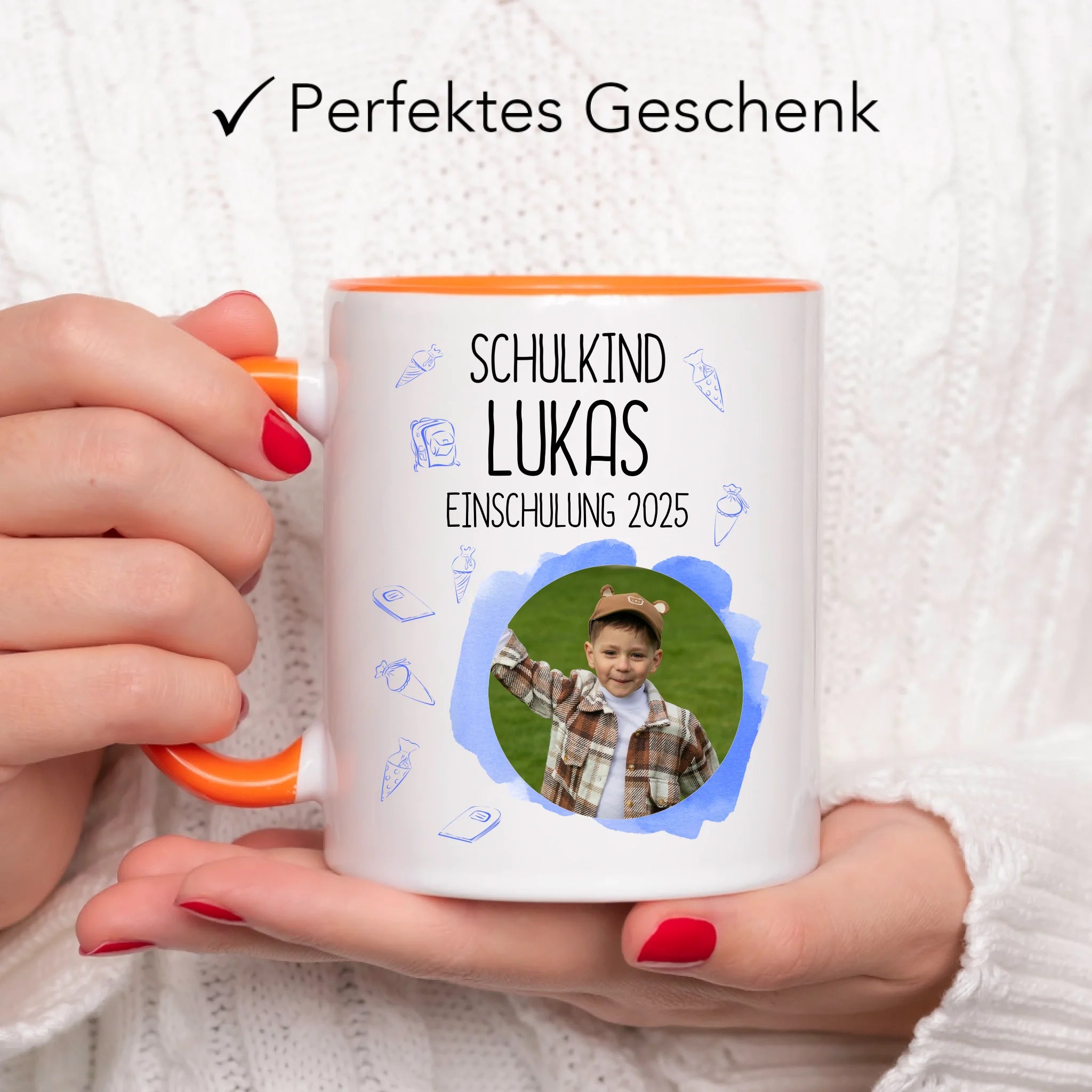 Foto Tasse Schulkind 2025 Junge, Schulanfang Einschulung Fototasse Personalisiert mit Bild & Name, Einschulungsgeschenk 1. Schultag für Erstklässler