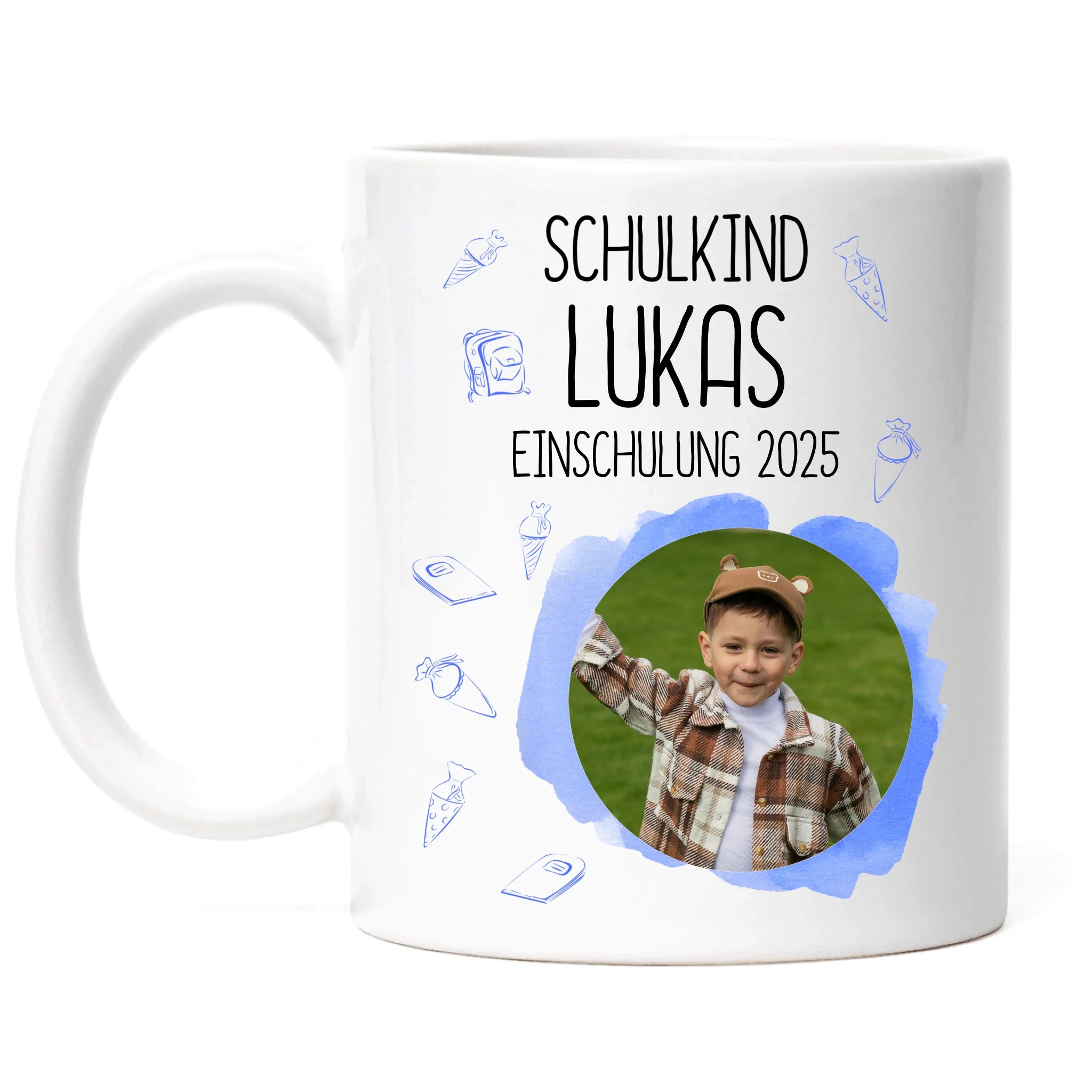 Foto Tasse Schulkind 2025 Junge, Schulanfang Einschulung Fototasse Personalisiert mit Bild & Name, Einschulungsgeschenk 1. Schultag für Erstklässler