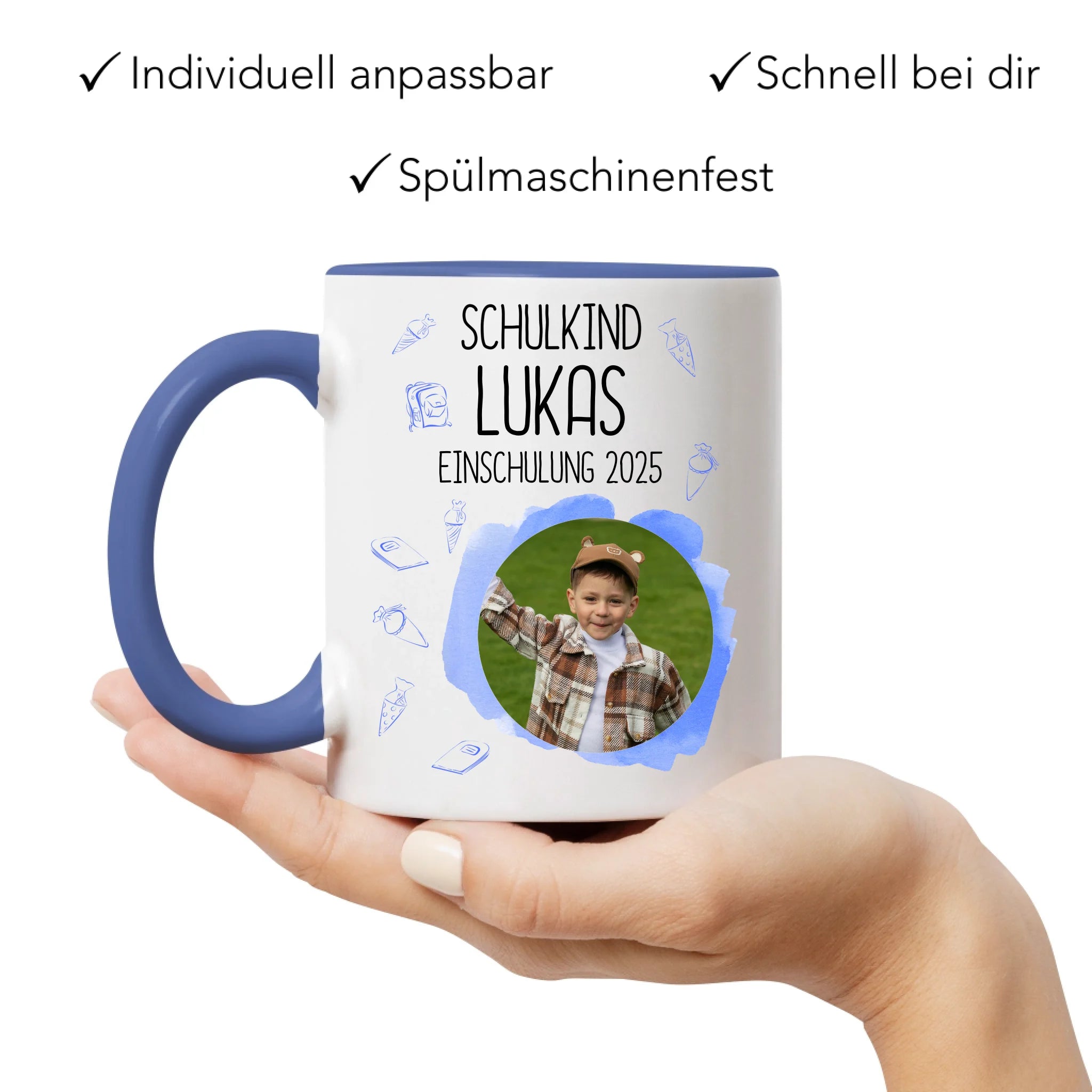 Foto Tasse Schulkind 2025 Junge, Schulanfang Einschulung Fototasse Personalisiert mit Bild & Name, Einschulungsgeschenk 1. Schultag für Erstklässler