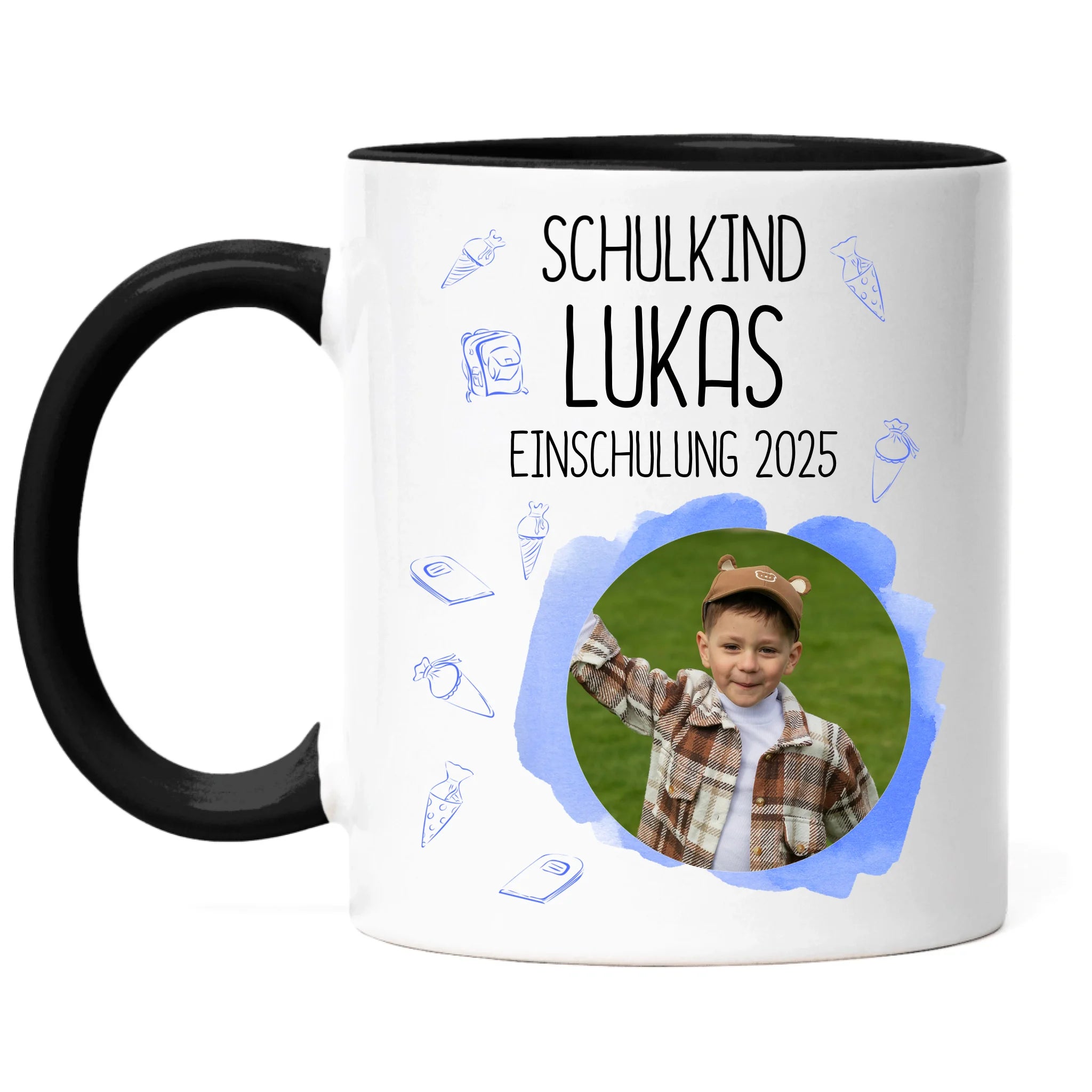 Foto Tasse Schulkind 2025 Junge, Schulanfang Einschulung Fototasse Personalisiert mit Bild & Name, Einschulungsgeschenk 1. Schultag für Erstklässler