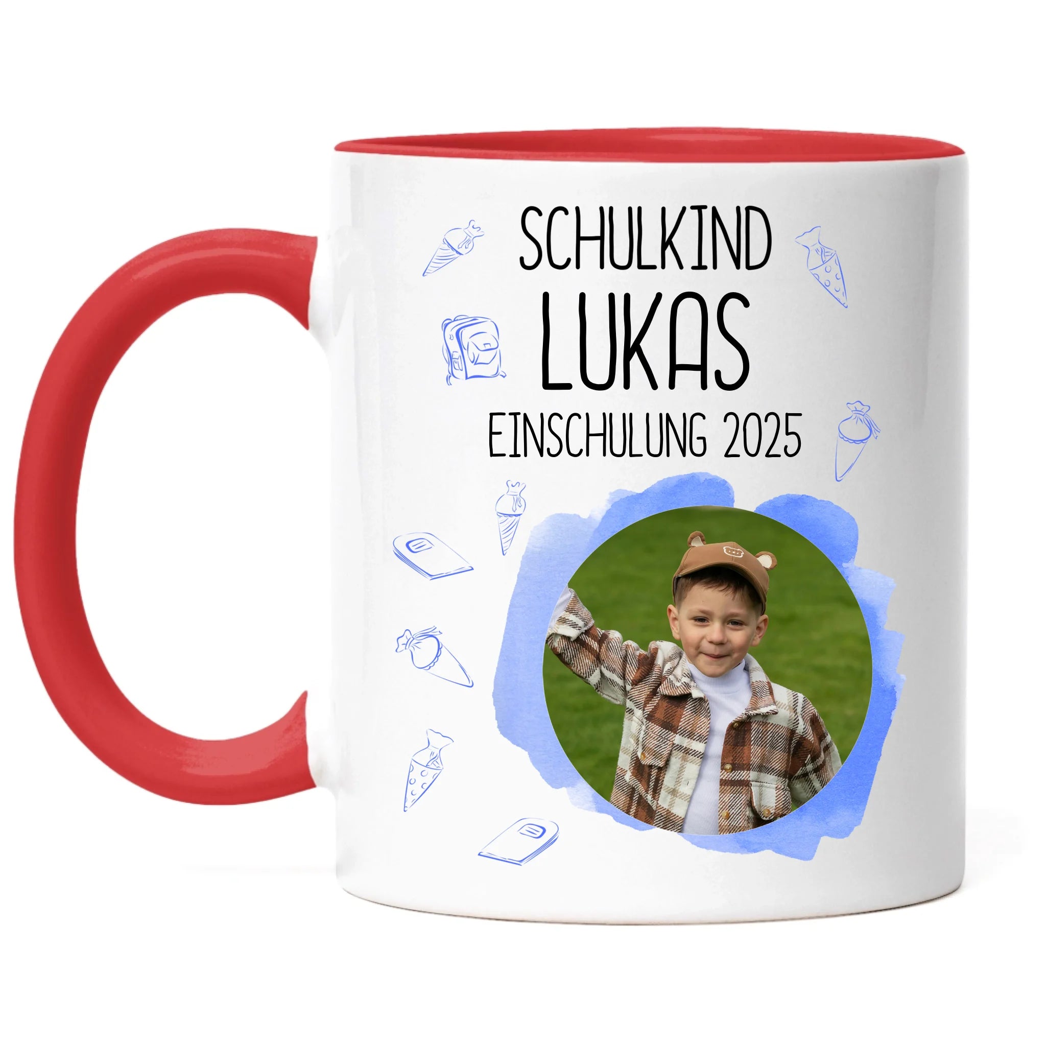Foto Tasse Schulkind 2025 Junge, Schulanfang Einschulung Fototasse Personalisiert mit Bild & Name, Einschulungsgeschenk 1. Schultag für Erstklässler