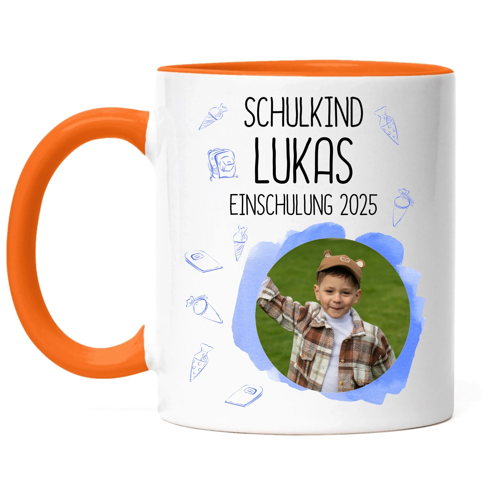 Foto Tasse Schulkind 2025 Junge, Schulanfang Einschulung Fototasse Personalisiert mit Bild & Name, Einschulungsgeschenk 1. Schultag für Erstklässler