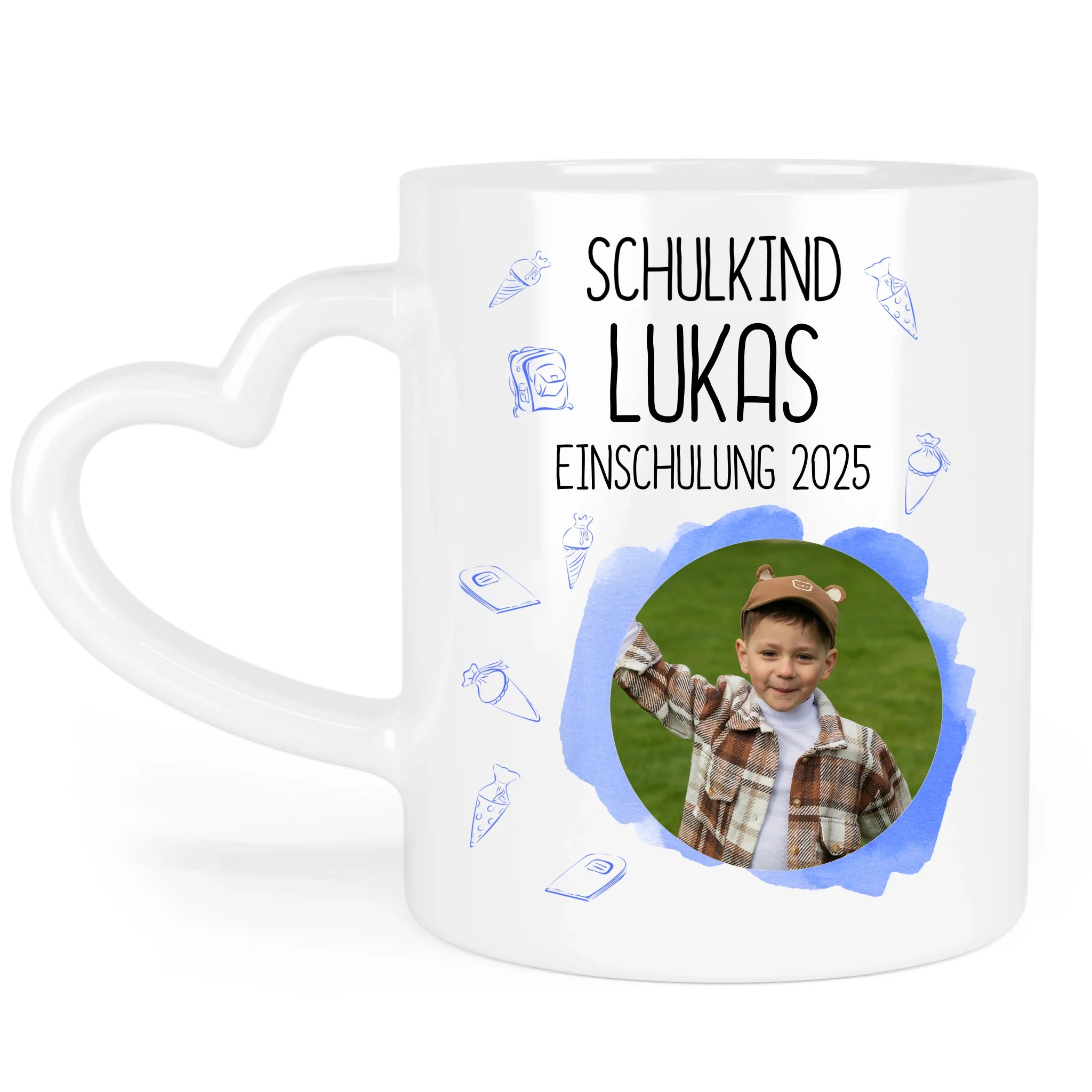 Foto Tasse Schulkind 2025 Junge, Schulanfang Einschulung Fototasse Personalisiert mit Bild & Name, Einschulungsgeschenk 1. Schultag für Erstklässler
