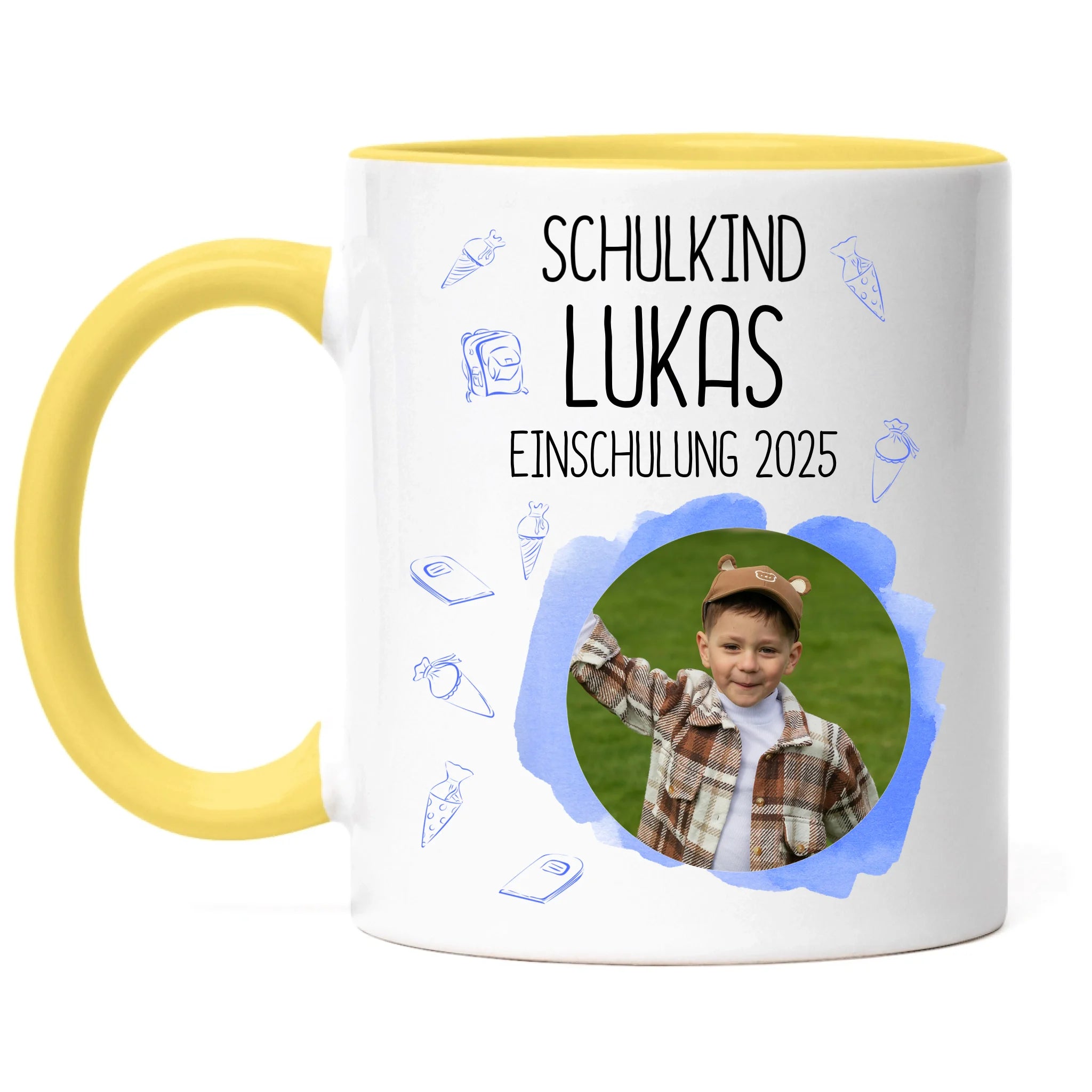Foto Tasse Schulkind 2025 Junge, Schulanfang Einschulung Fototasse Personalisiert mit Bild & Name, Einschulungsgeschenk 1. Schultag für Erstklässler