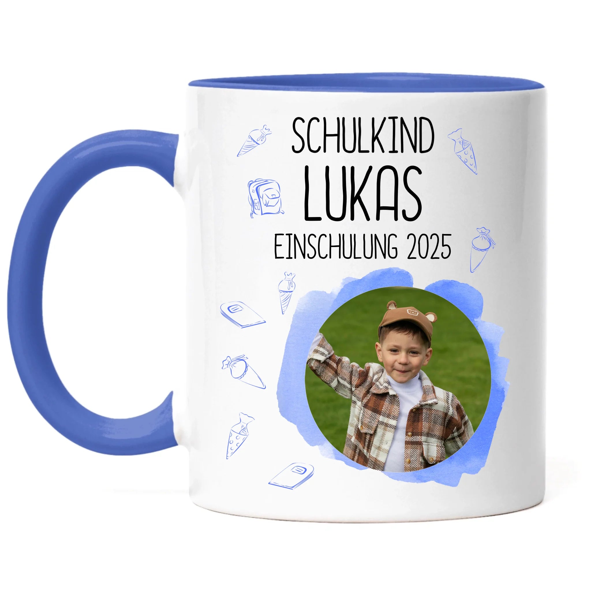 Foto Tasse Schulkind 2025 Junge, Schulanfang Einschulung Fototasse Personalisiert mit Bild & Name, Einschulungsgeschenk 1. Schultag für Erstklässler