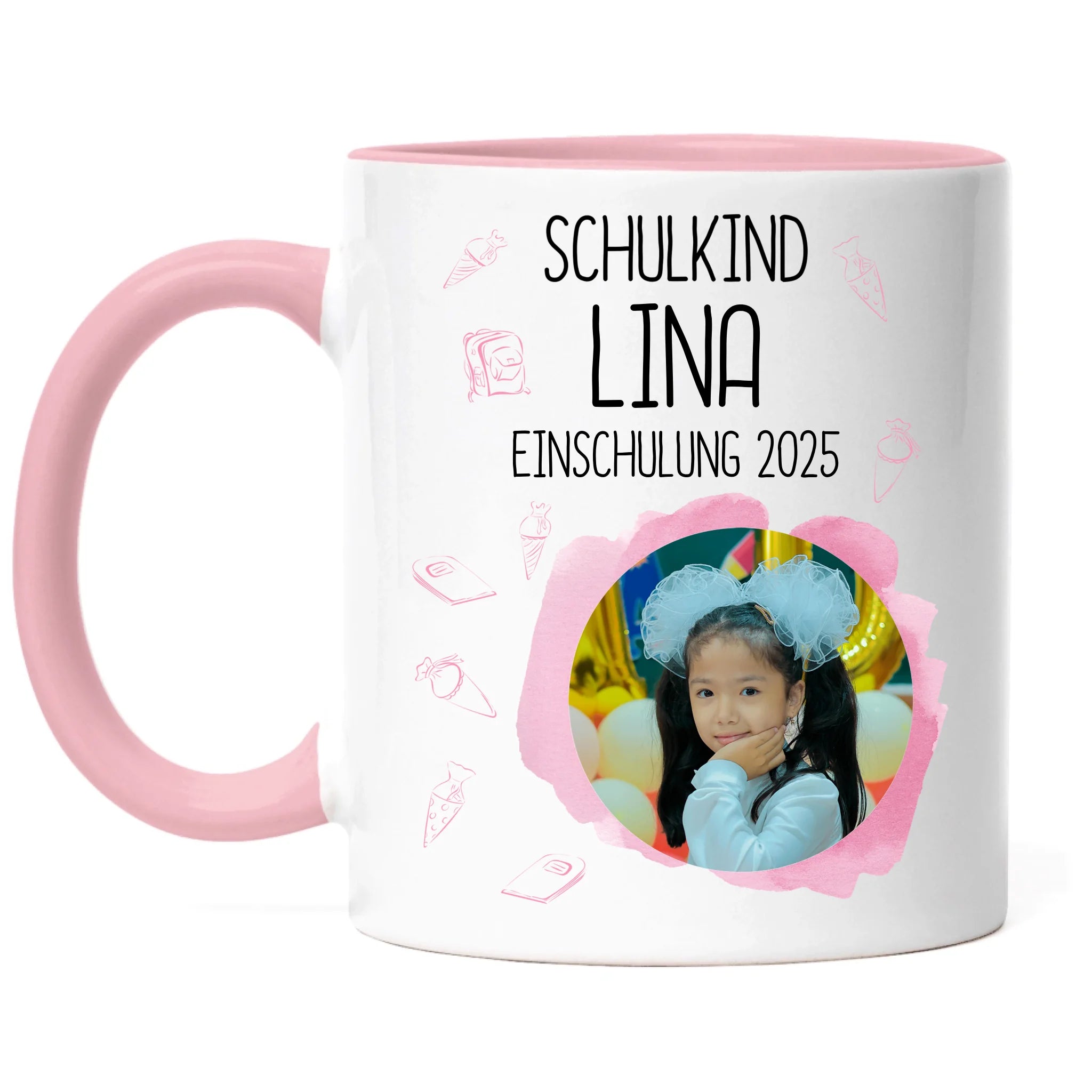 Foto Tasse Schulkind 2025 Mädchen, Schulanfang Einschulung Fototasse Personalisiert mit Bild & Name, Einschulungsgeschenk 1. Schultag für Erstklässler