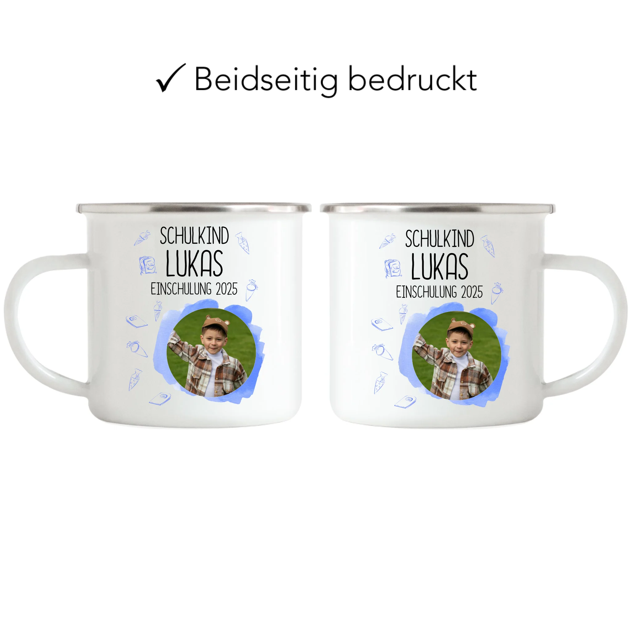 Foto Tasse Schulkind 2025 Junge Mädchen, Schulanfang Einschulung Fototasse Personalisiert mit Bild & Name, Einschulungsgeschenk 1. Schultag für Erstklässler - Emaille Tasse