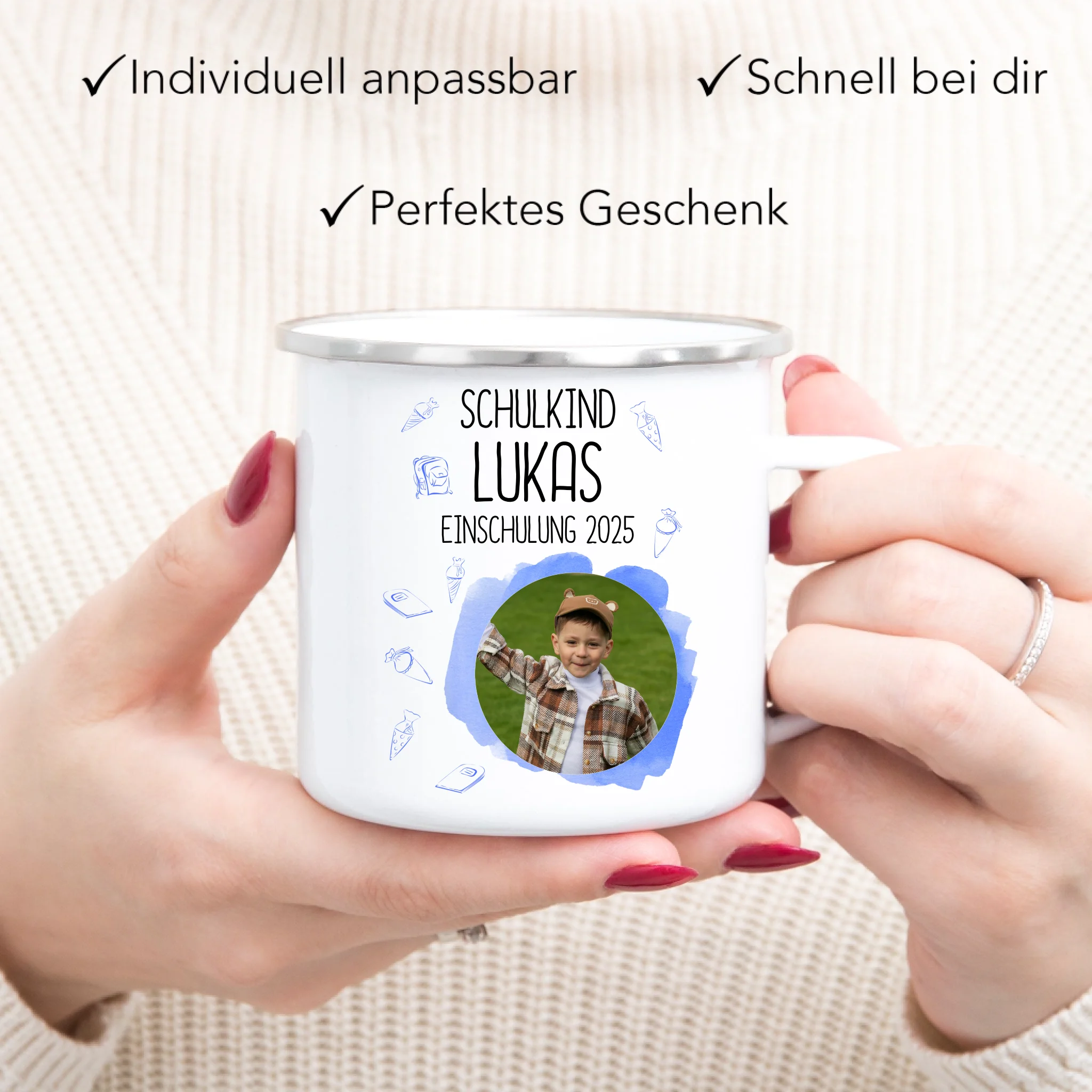 Foto Tasse Schulkind 2025 Junge Mädchen, Schulanfang Einschulung Fototasse Personalisiert mit Bild & Name, Einschulungsgeschenk 1. Schultag für Erstklässler - Emaille Tasse