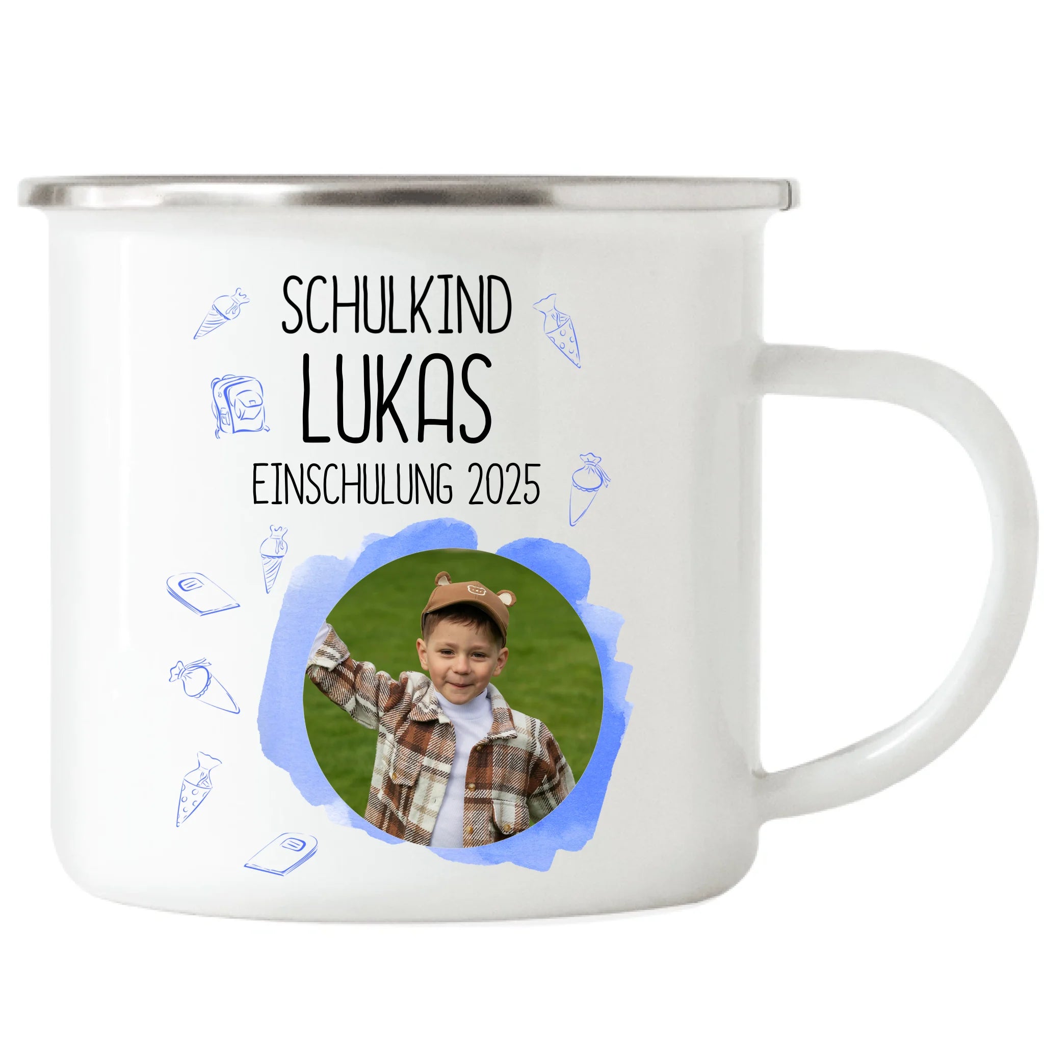 Foto Tasse Schulkind 2025 Junge Mädchen, Schulanfang Einschulung Fototasse Personalisiert mit Bild & Name, Einschulungsgeschenk 1. Schultag für Erstklässler - Emaille Tasse