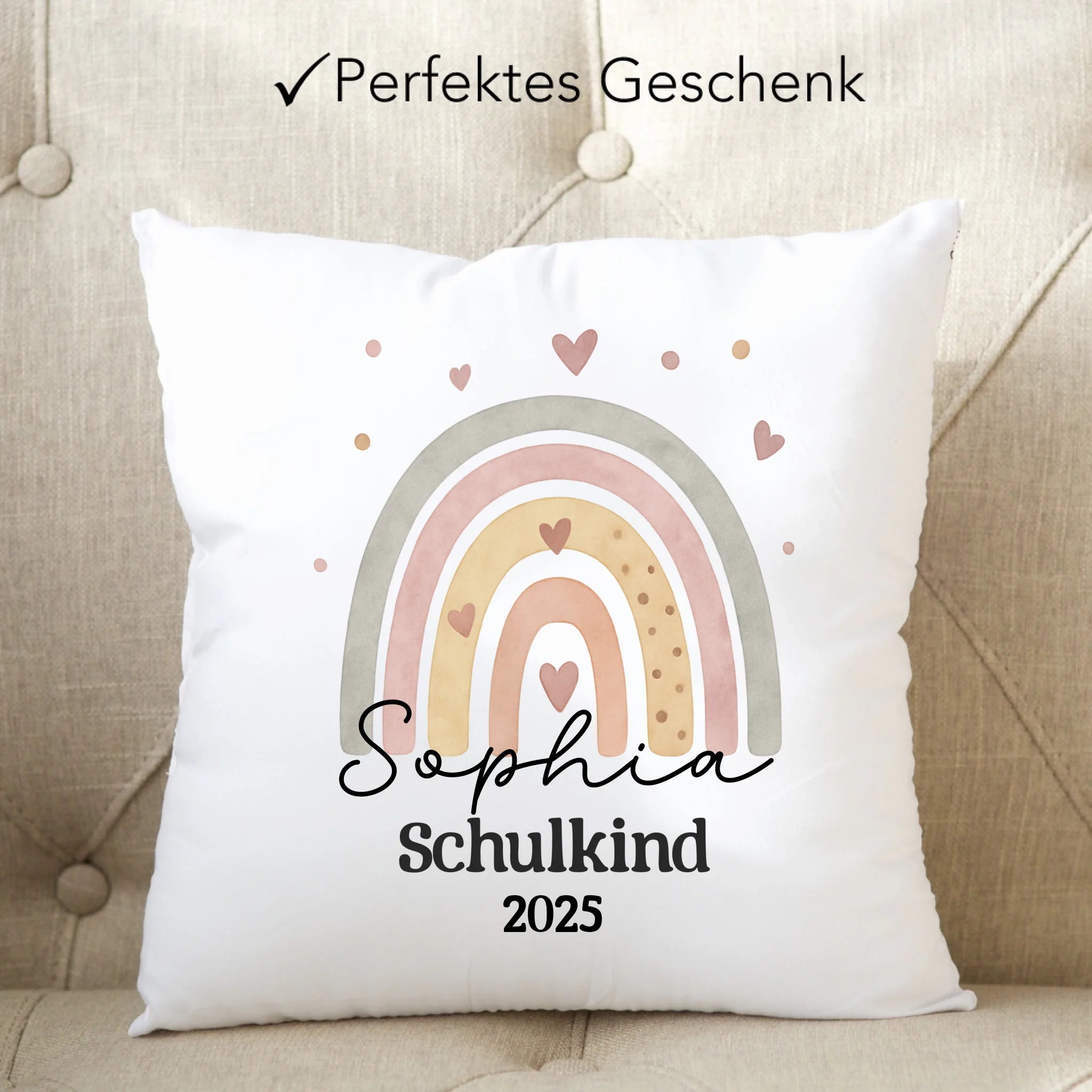 Schulkind Kissen Personalisiert, Kleines Geschenk Einschulung Regenbogen Schulstart Schuleinführung mit Name & Jahr für Erstklässler - Kissen inkl. Füllung