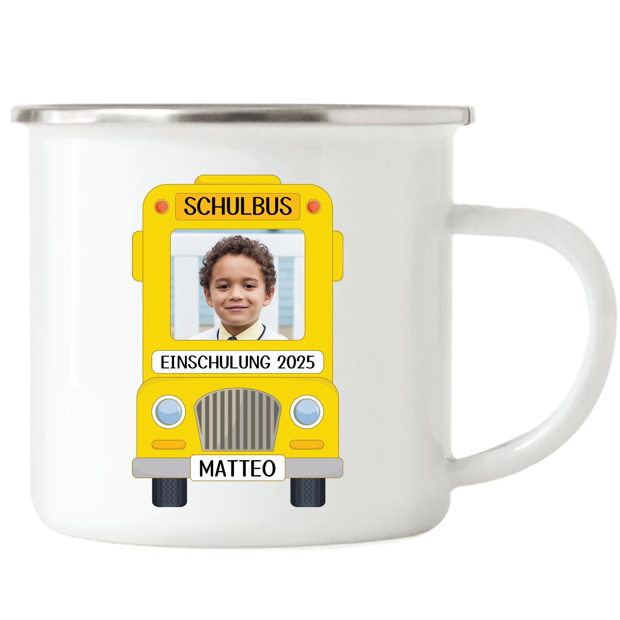 Foto Tasse Schulkind Junge Mädchen, Einschulung Schulanfang Fototasse Personalisiert mit Name Bild, Einschulungsgeschenk ersten Schultag für Erstklässler - Emaille Tasse