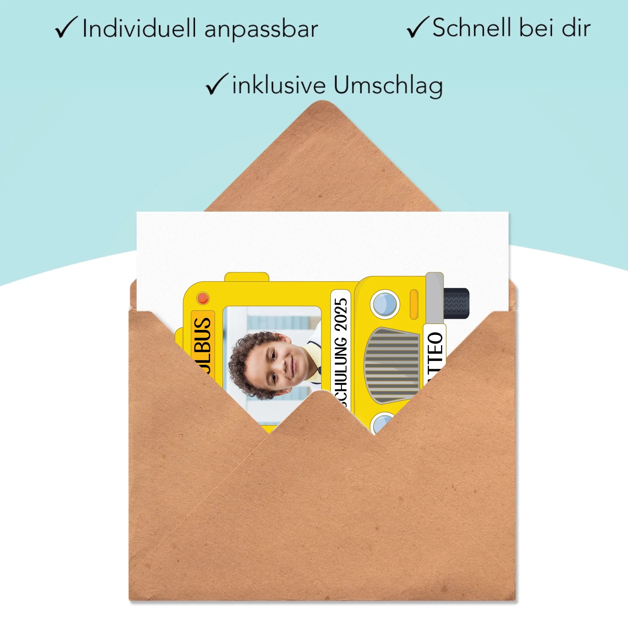 Karte Schulkind Junge, Einschulung Schulanfang Grußkarte Personalisiert mit Name, Einschulungskarte zum ersten Schultag für Erstklässler - Klappkarte mit Umschlag
